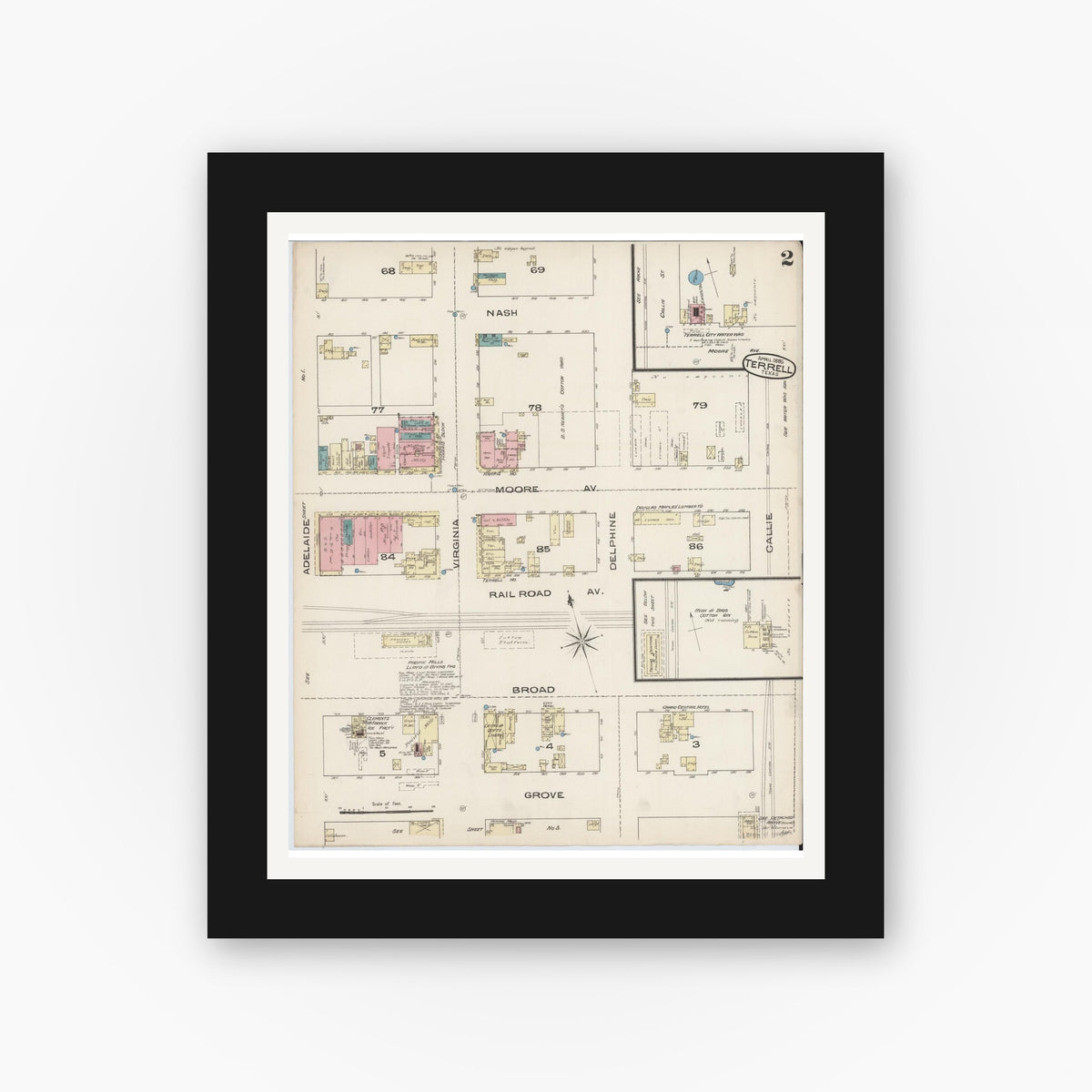 Old map wall art mockup — black gallery frame with white mat — Sanborn Fire Insurance Map from Terrell, Kaufman County, Texas (1885), Sheet #0002