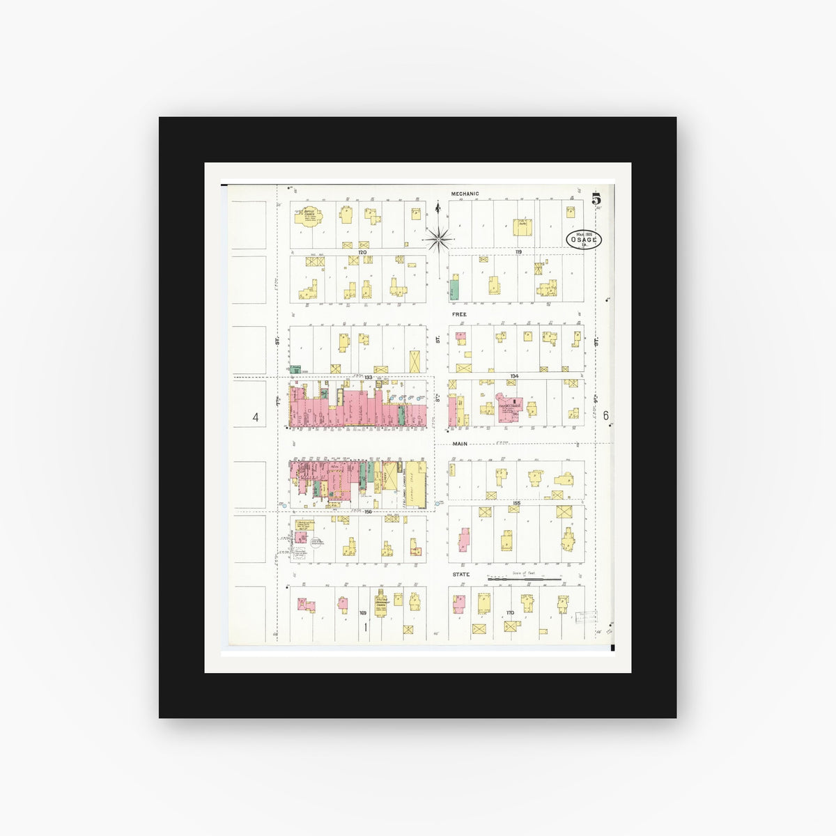 Old map wall art mockup — black gallery frame with white mat — Sanborn Fire Insurance Map from Osage, Mitchell County, Iowa (1905), Sheet #0005