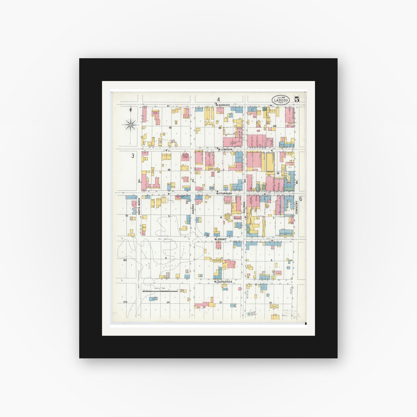 Old map wall art mockup — black gallery frame with white mat — Sanborn Fire Insurance Map from Laredo, Webb County, Texas (1900), Sheet #0005