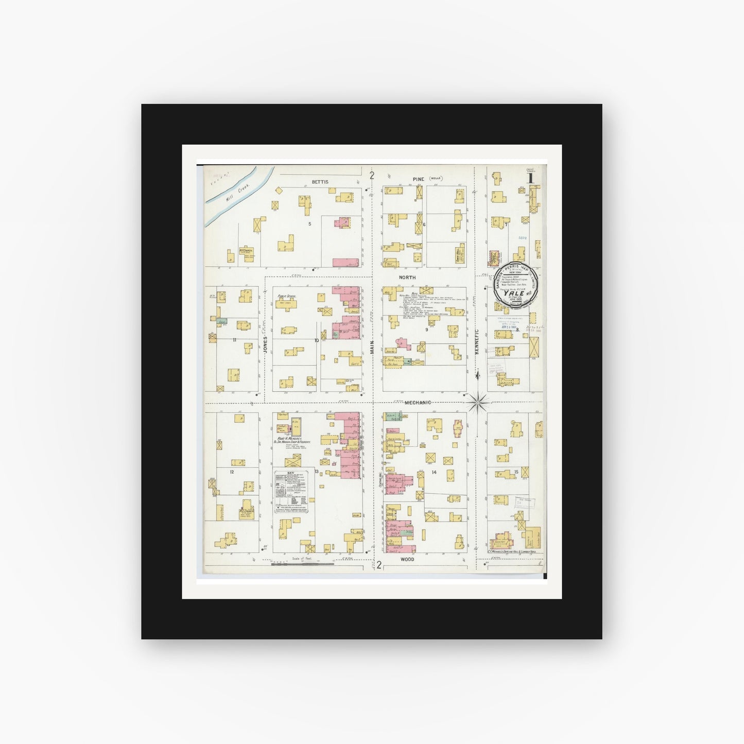 Old map wall art mockup — black gallery frame with white mat — Sanborn Fire Insurance Map from Yale, Saint Clair County, Michigan (1900), Sheet #0001
