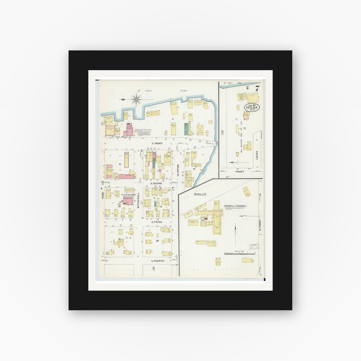 Old map wall art mockup — black gallery frame with white mat — Sanborn Fire Insurance Map from Saint Clair, Saint Clair County, Michigan (1907), Sheet #0007