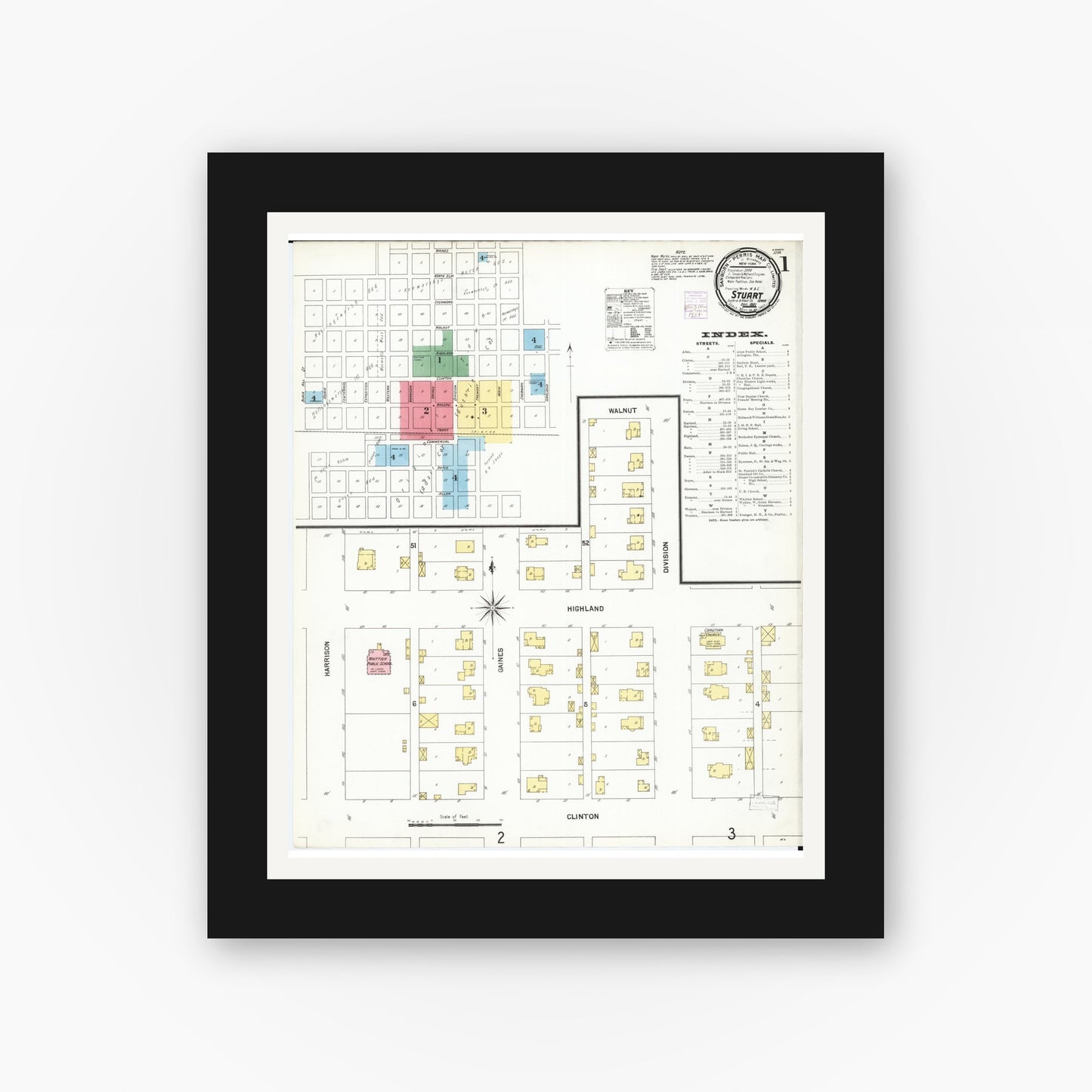 Old map wall art mockup — black gallery frame with white mat — Sanborn Fire Insurance Map from Stuart, Guthrie and Adair Counties, Iowa (1901), Sheet #0001