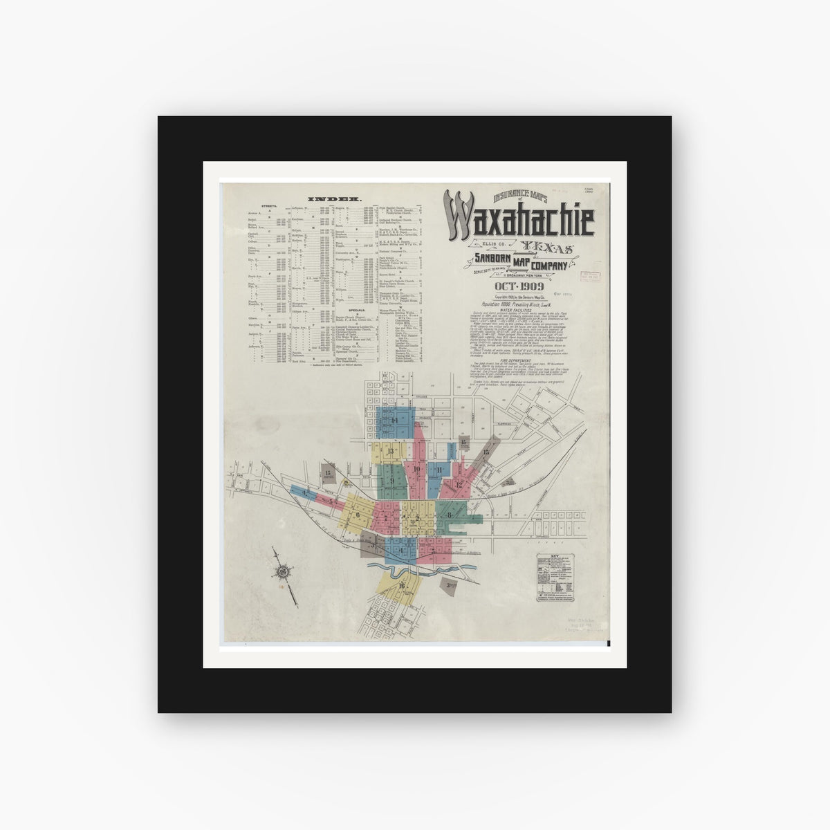 Old map wall art mockup — black gallery frame with white mat — Sanborn Fire Insurance Map from Waxahachie, Ellis County, Texas (1909) - Complete Map Set