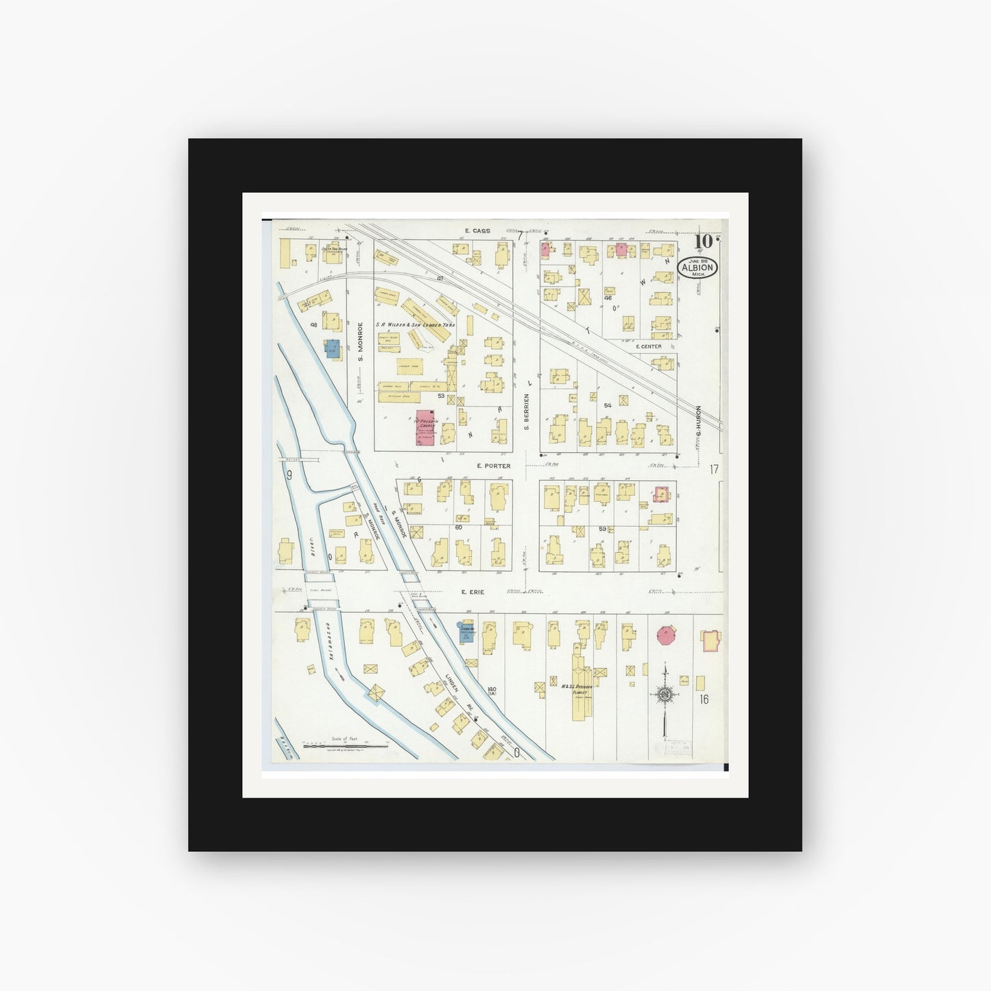 Old map wall art mockup — black gallery frame with white mat — Sanborn Fire Insurance Map from Albion, Calhoun County, Michigan (1918), Sheet #0010