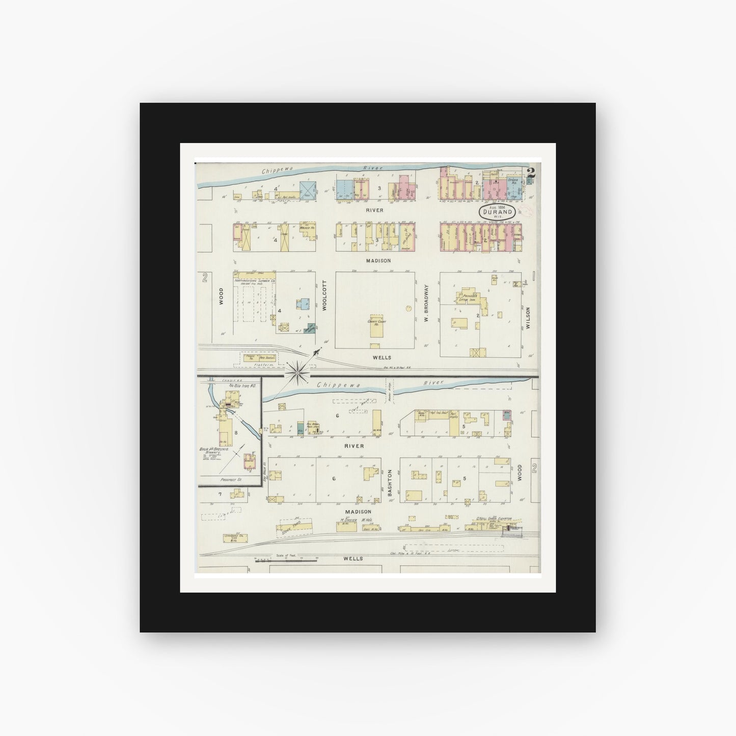 Old map wall art mockup — black gallery frame with white mat — Sanborn Fire Insurance Map from Durand, Pepin County, Wisconsin (1894), Sheet #0002