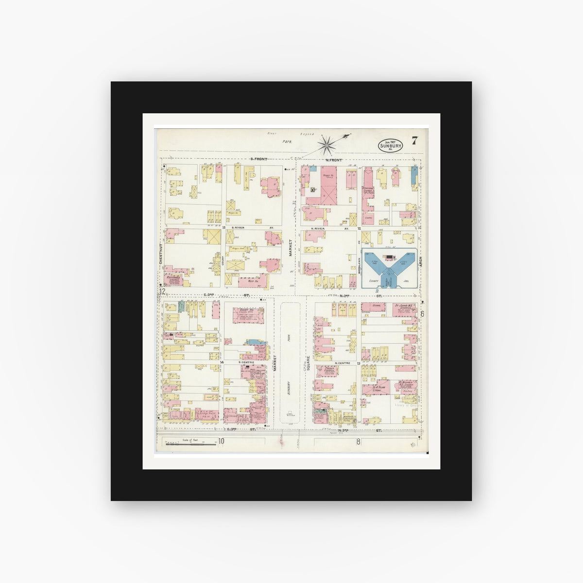 Old map wall art mockup — black gallery frame with white mat — Sanborn Fire Insurance Map from Sunbury, Northumberland County, Pennsylvania (1907), Sheet #0007