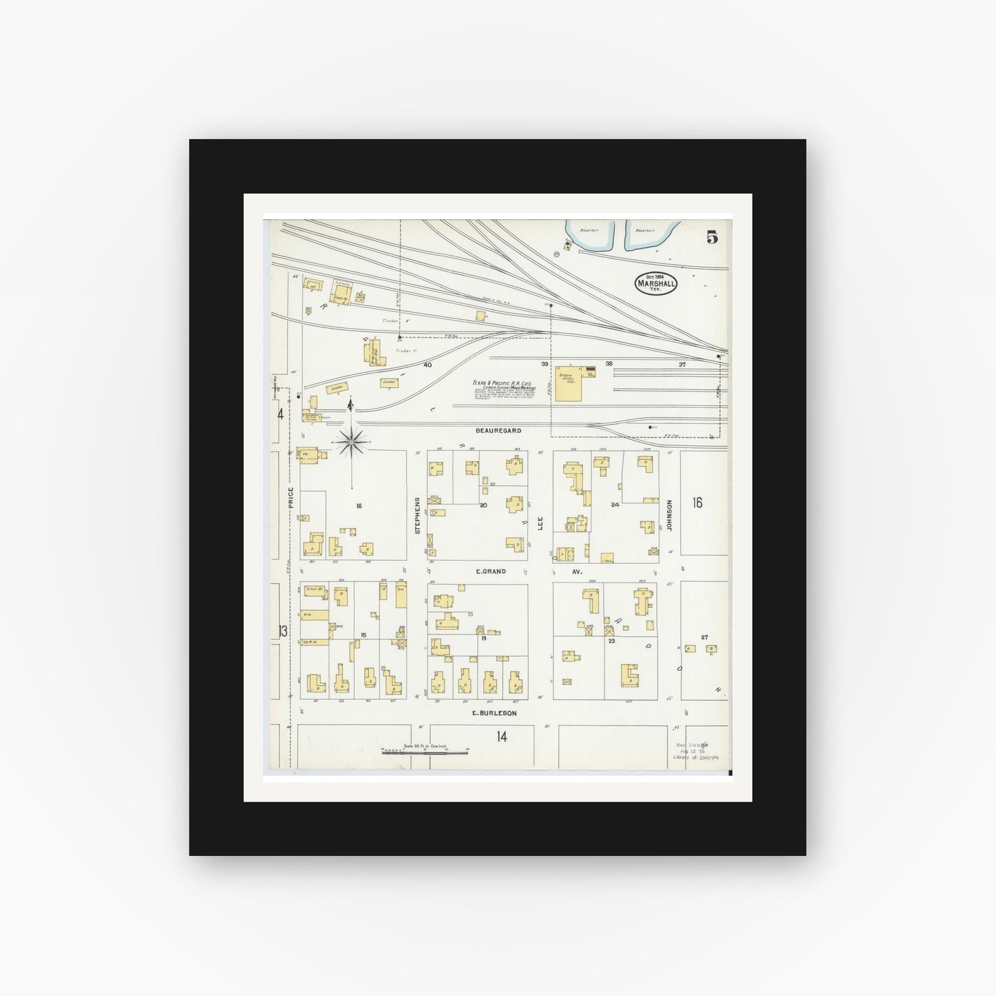 Old map wall art mockup — black gallery frame with white mat — Sanborn Fire Insurance Map from Marshall, Harrison County, Texas (1904), Sheet #0005