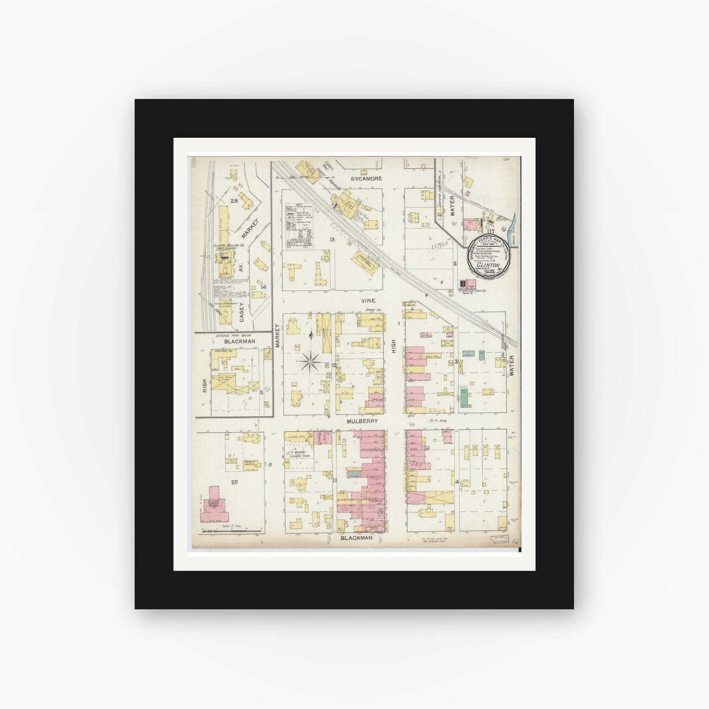 Old map wall art mockup — black gallery frame with white mat — Sanborn Fire Insurance Map from Clinton, Vermillion County, Indiana (1892), Sheet #0001