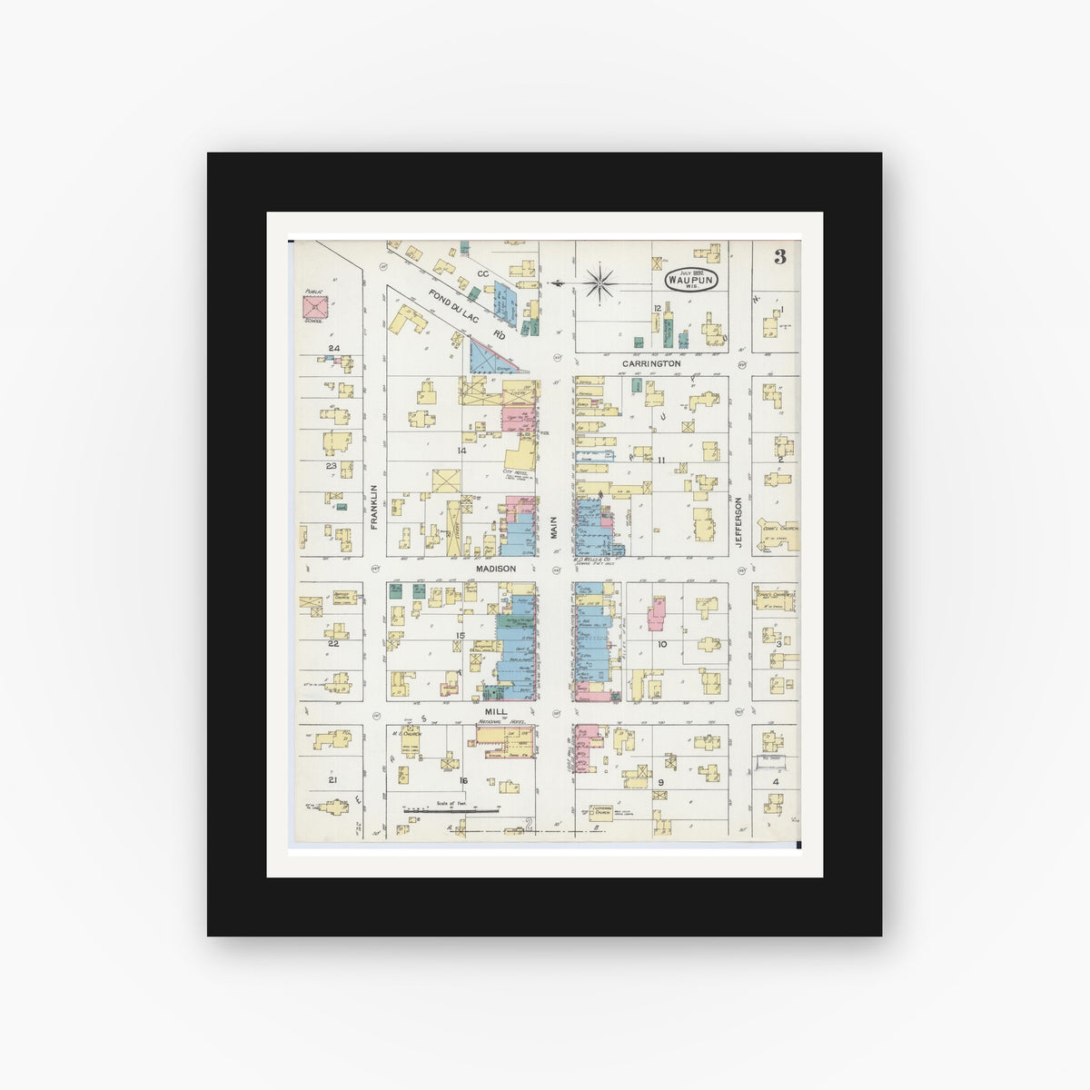 Old map wall art mockup — black gallery frame with white mat — Sanborn Fire Insurance Map from Waupun, Dodge and Fond du Lac Counties, Wisconsin (1892), Sheet #0003