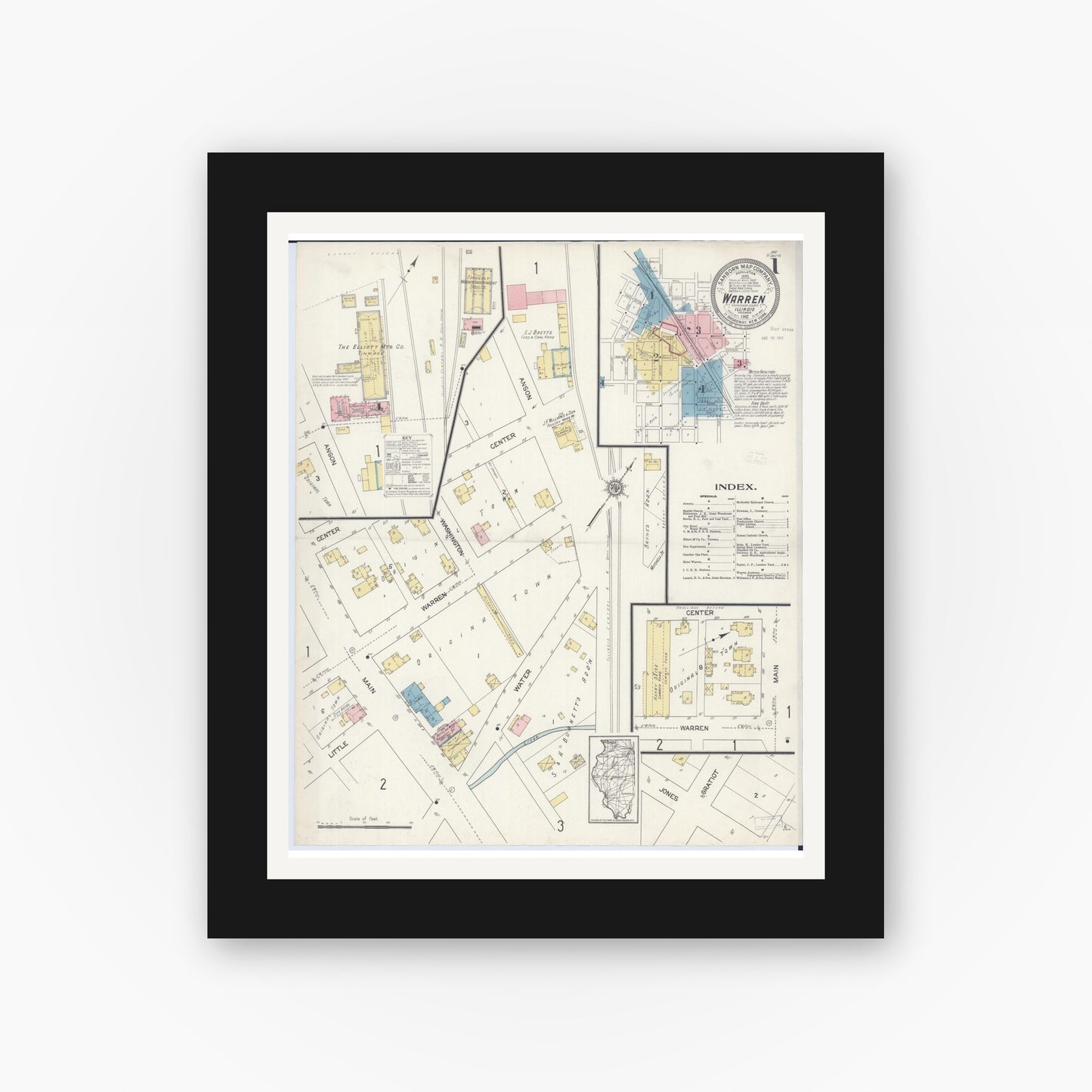 Old map wall art mockup — black gallery frame with white mat — Sanborn Fire Insurance Map from Warren, Jo Daviess County, Illinois (1912) - Complete Map Set