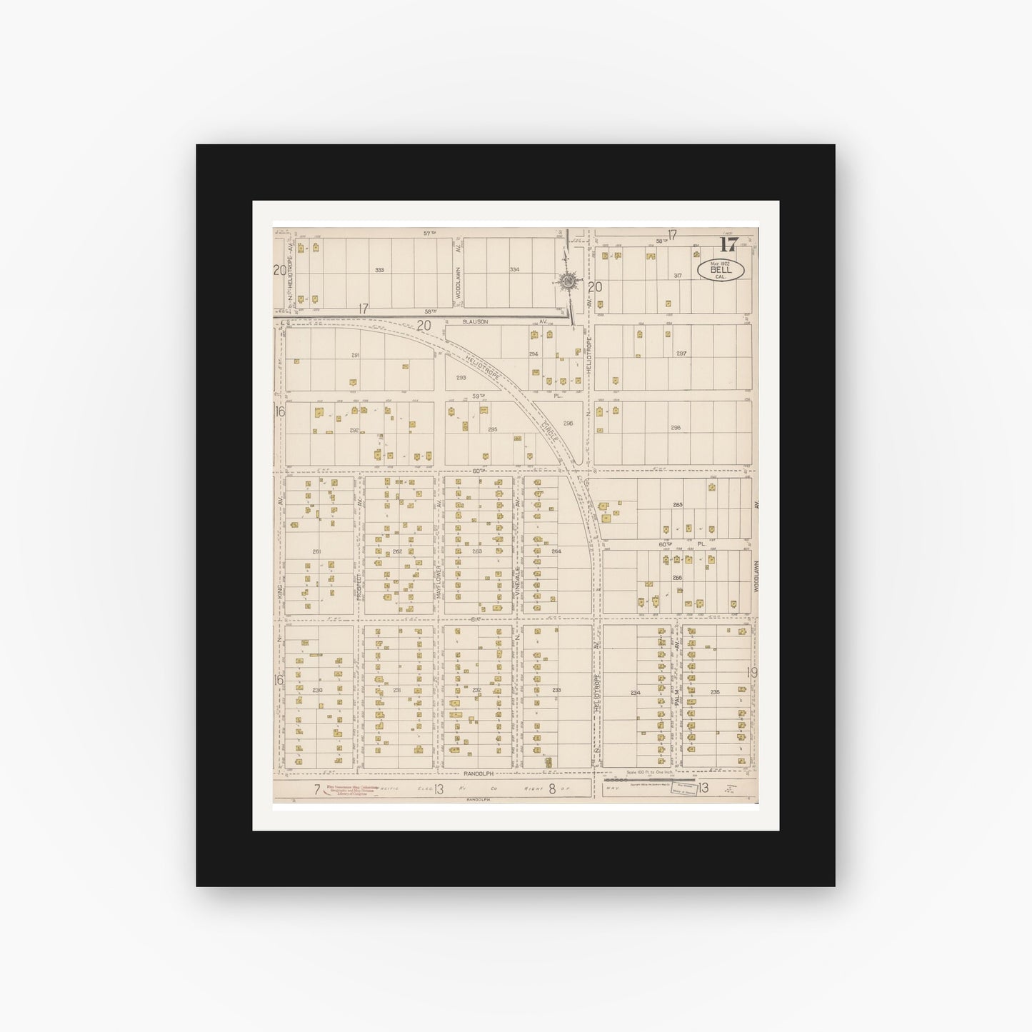 Old map wall art mockup — black gallery frame with white mat — Sanborn Fire Insurance Map from Bell, Los Angeles County, California (1922), Sheet #0017