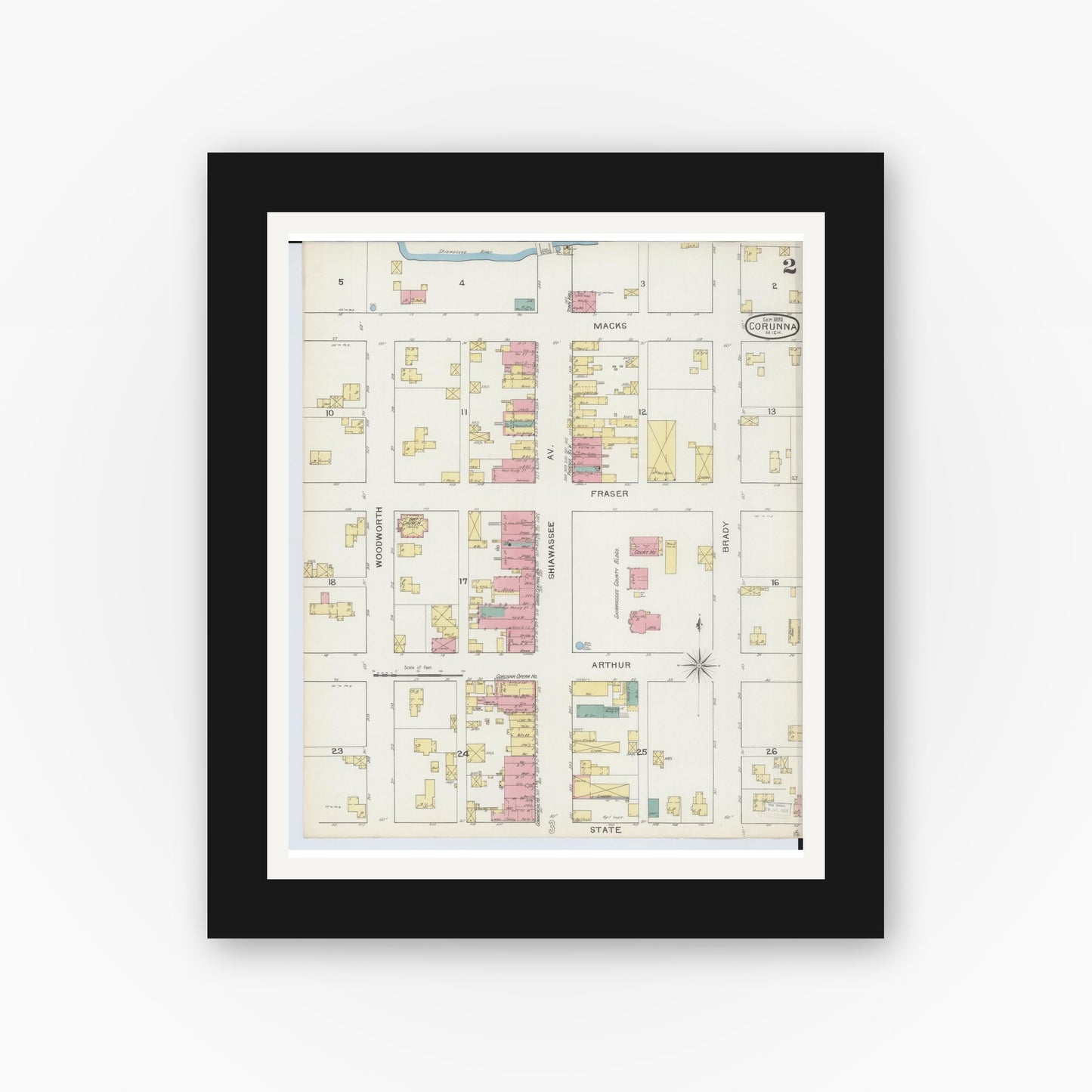 Old map wall art mockup — black gallery frame with white mat — Sanborn Fire Insurance Map from Corunna, Shiawassee County, Michigan (1893), Sheet #0002