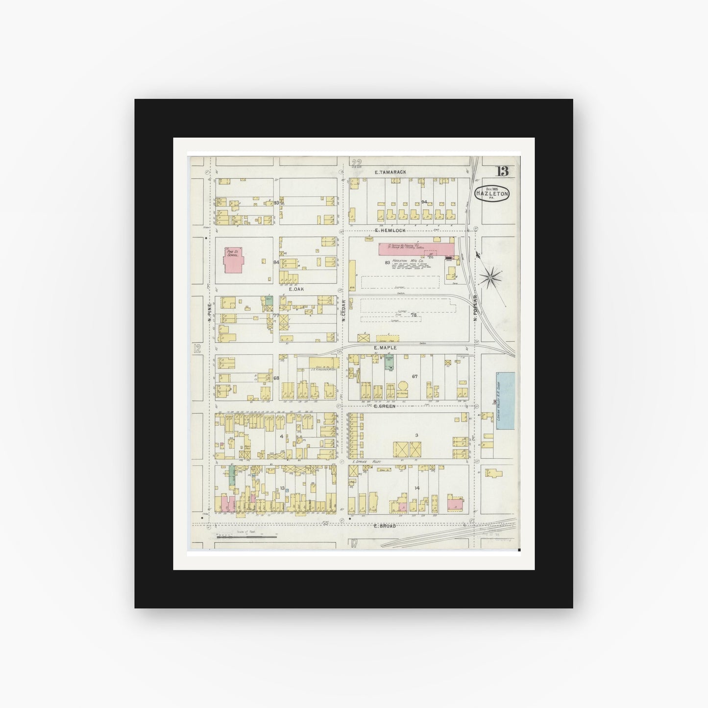 Old map wall art mockup — black gallery frame with white mat — Sanborn Fire Insurance Map from Hazleton, Luzerne County, Pennsylvania (1895), Sheet #0013
