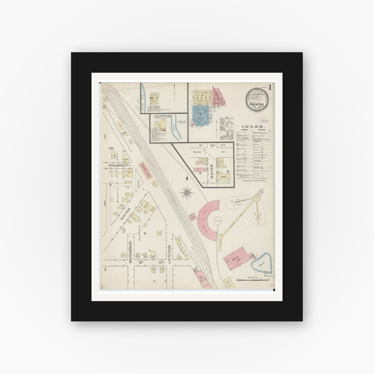 Old map wall art mockup — black gallery frame with white mat — Sanborn Fire Insurance Map from Trenton, Grundy County, Missouri (1886) - Complete Map Set