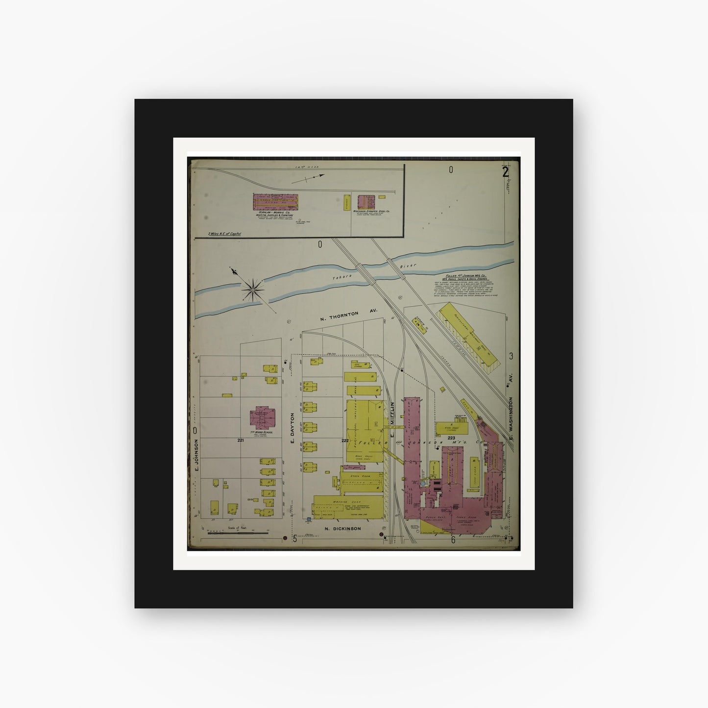 Old map wall art mockup — black gallery frame with white mat — Sanborn Fire Insurance Map from Madison, Dane County, Wisconsin (1908), Sheet #0002