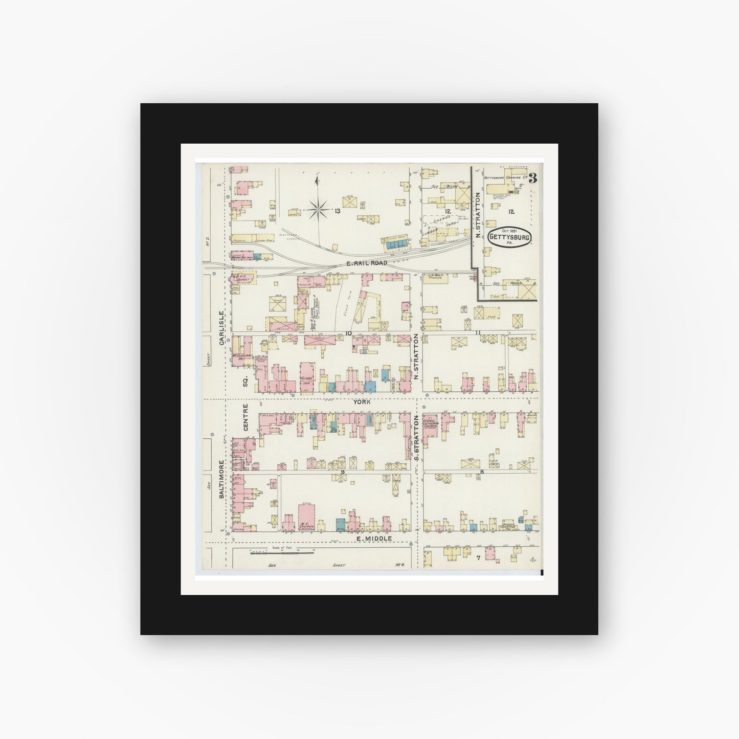 Old map wall art mockup — black gallery frame with white mat — Sanborn Fire Insurance Map from Gettysburg, Adams County, Pennsylvania (1891), Sheet #0003