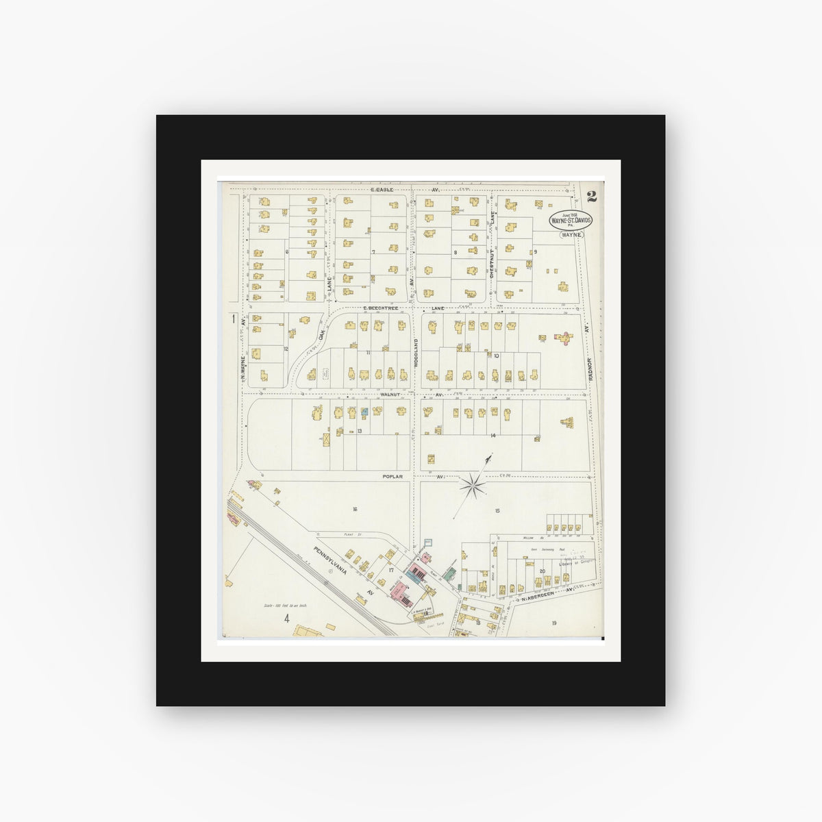 Old map wall art mockup β black gallery frame with white mat β Sanborn Fire Insurance Map from Wayne, Delaware County, Pennsylvania (1902), Sheet #0002