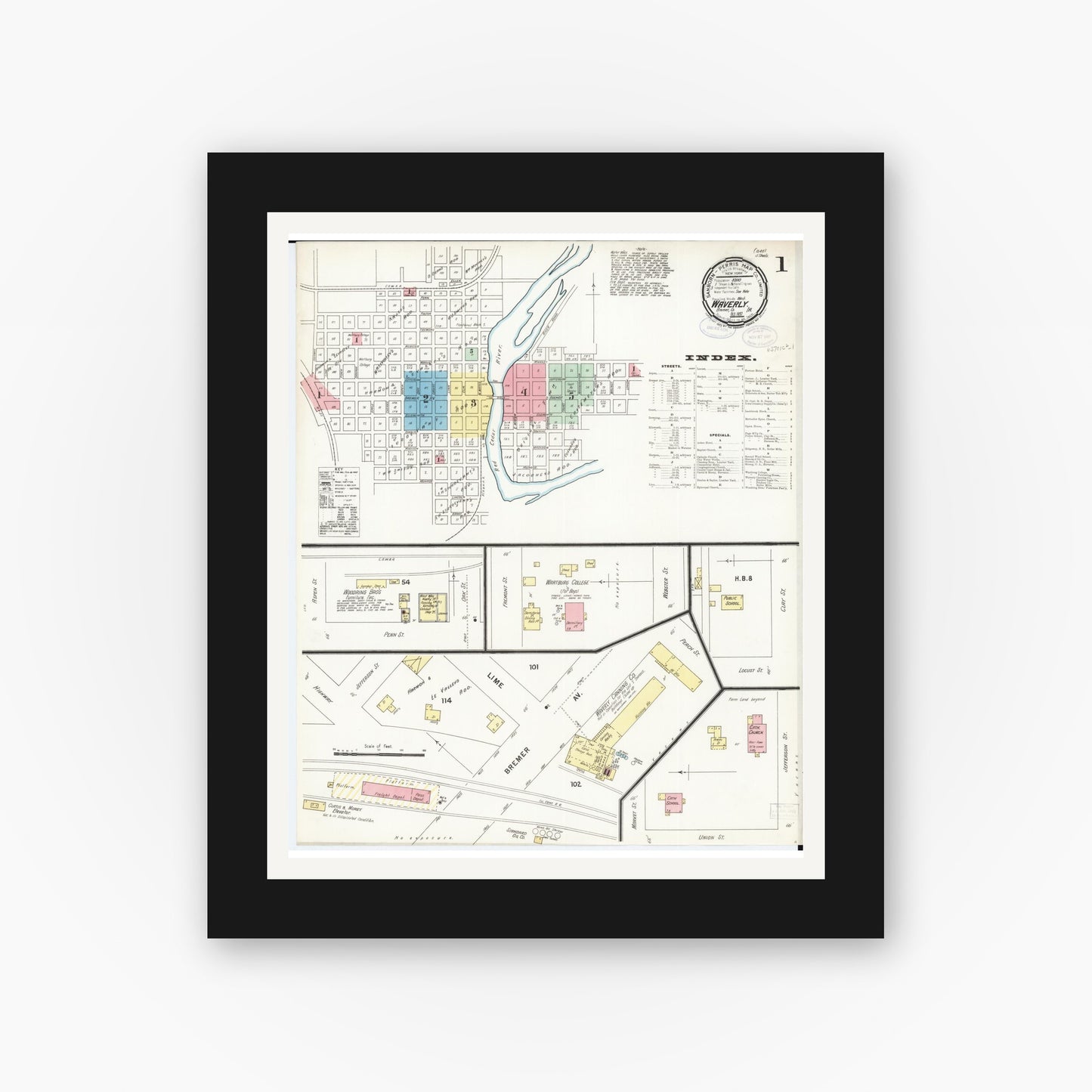 Old map wall art mockup — black gallery frame with white mat — Sanborn Fire Insurance Map from Waverly, Bremer County, Iowa (1897) — Complete Set