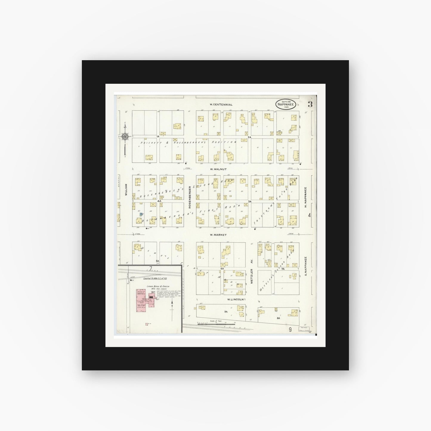Old map wall art mockup — black gallery frame with white mat — Sanborn Fire Insurance Map from Nappanee, Elkhart County, Indiana (1910), Sheet #0003
