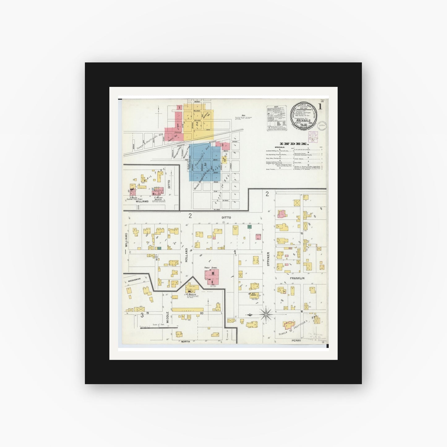 Old map wall art mockup — black gallery frame with white mat — Sanborn Fire Insurance Map from Archbold, Fulton County, Ohio (1901), Sheet #0001