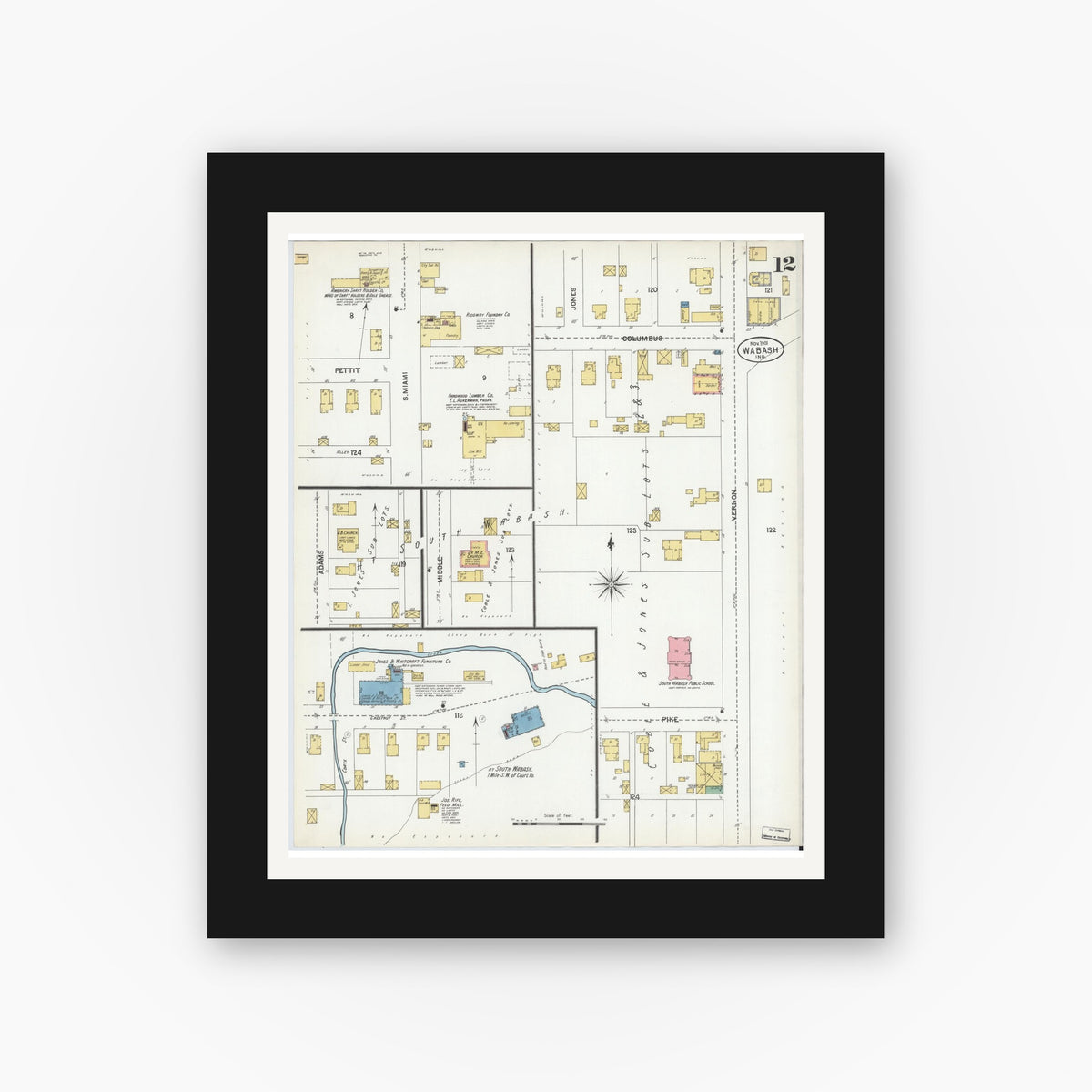 Old map wall art mockup — black gallery frame with white mat — Sanborn Fire Insurance Map from Wabash, Wabash County, Indiana (1901), Sheet #0012