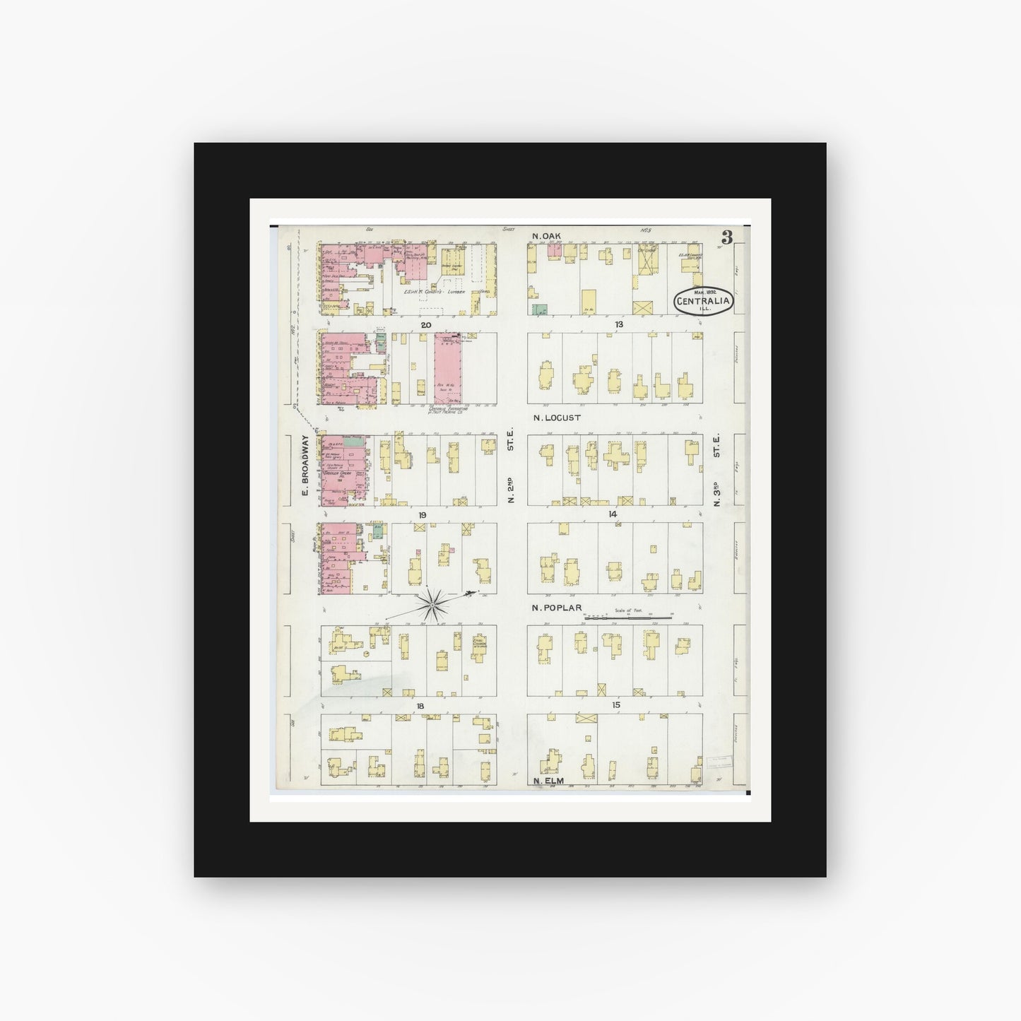 Old map wall art mockup — black gallery frame with white mat — Sanborn Fire Insurance Map from Centralia, Marion, Clinton, Jefferson, and Washington Counties, Illinois (1892), Sheet #0003