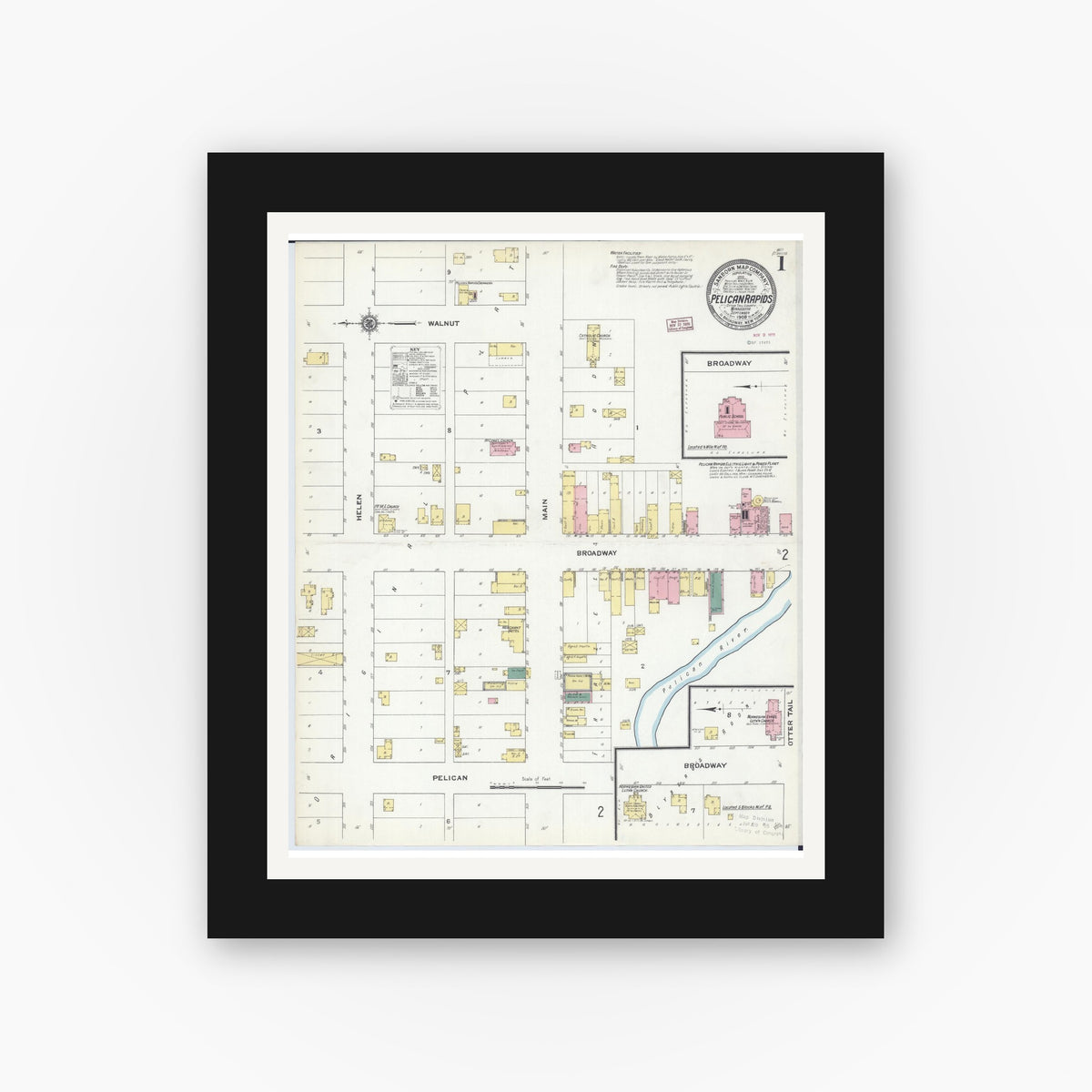 Old map wall art mockup — black gallery frame with white mat — Sanborn Fire Insurance Map from Pelican Rapids, Otter Tail County, Minnesota (1909), Sheet #0001