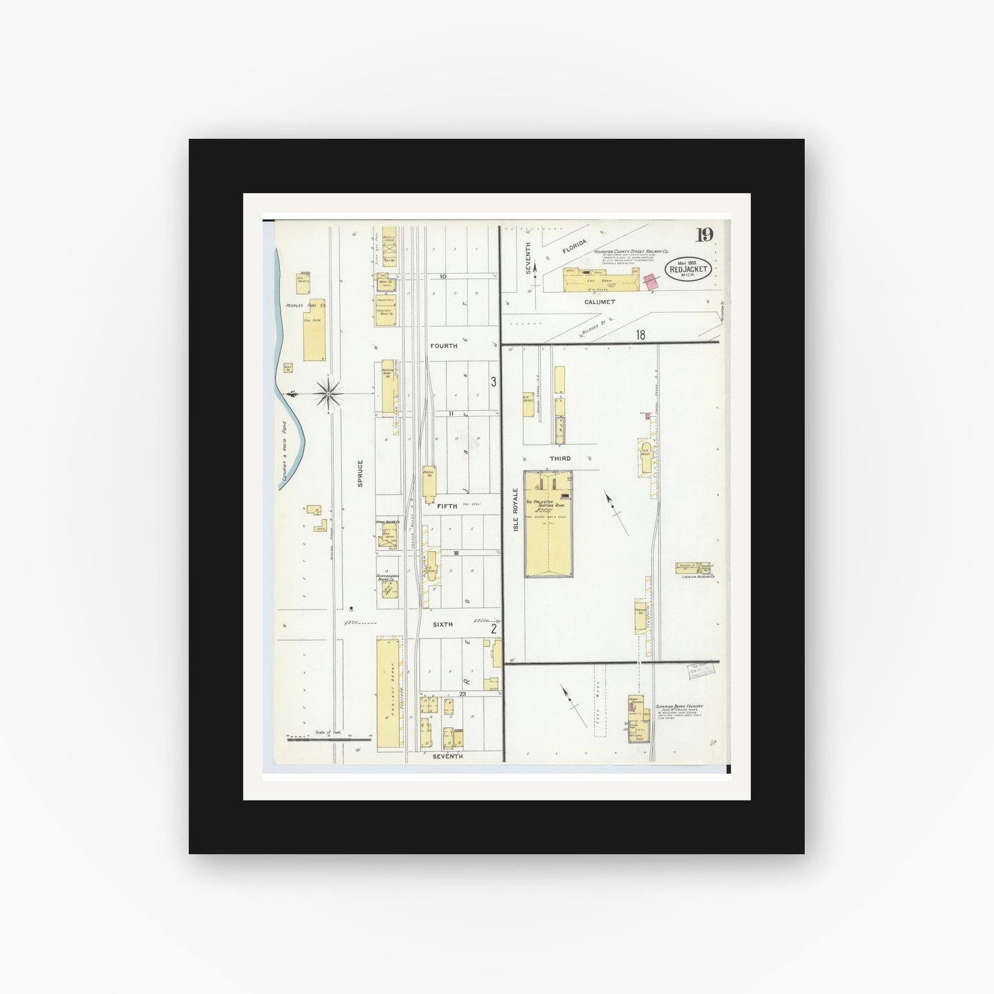 Old map wall art mockup — black gallery frame with white mat — Sanborn Fire Insurance Map from Red Jacket, Houghton County, Michigan (1908), Sheet #0019
