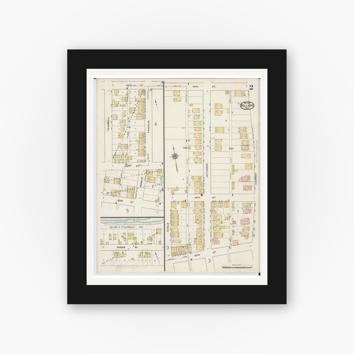 Old map wall art mockup — black gallery frame with white mat — Sanborn Fire Insurance Map from Bellaire, Belmont County, Ohio (1915), Sheet #0002