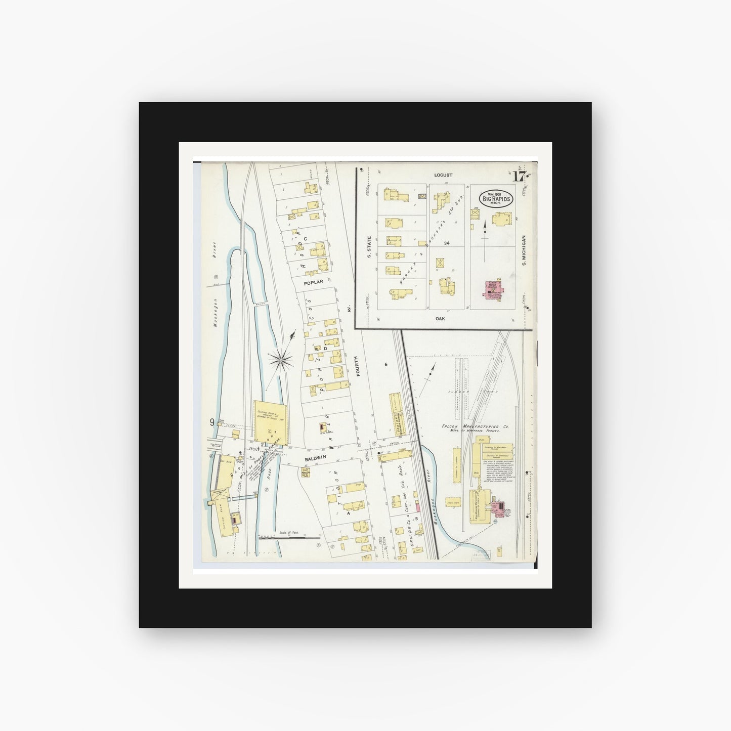 Old map wall art mockup — black gallery frame with white mat — Sanborn Fire Insurance Map from Big Rapids, Mecosta County, Michigan (1908), Sheet #0017