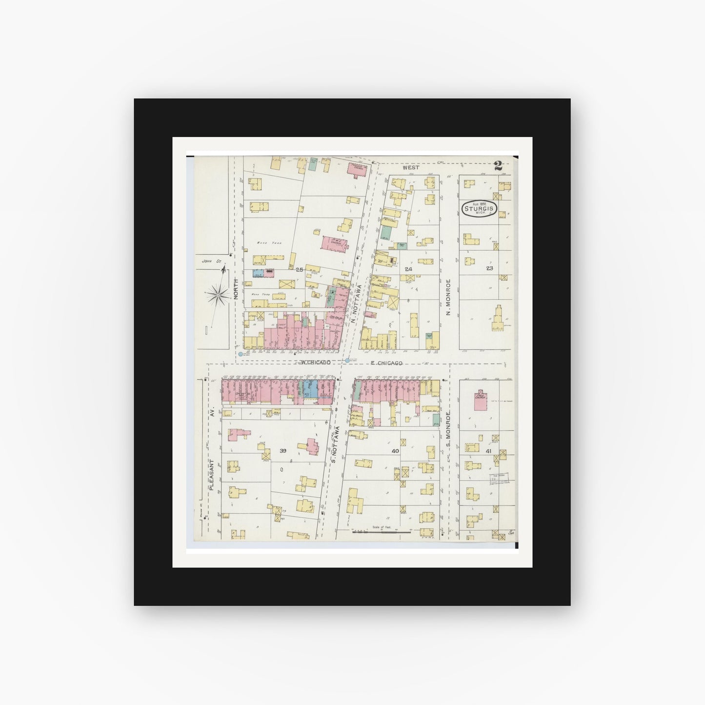 Old map wall art mockup — black gallery frame with white mat — Sanborn Fire Insurance Map from Sturgis, Saint Joseph County, Michigan (1892), Sheet #0002