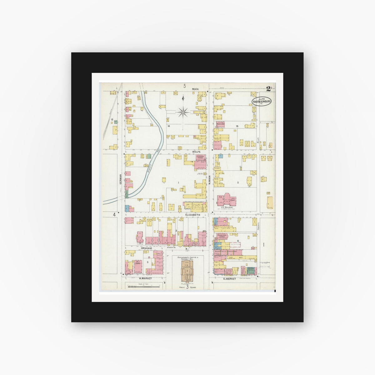 Old map wall art mockup — black gallery frame with white mat — Sanborn Fire Insurance Map from Harrisonburg, Independent Cities, Virginia (1902), Sheet #0002