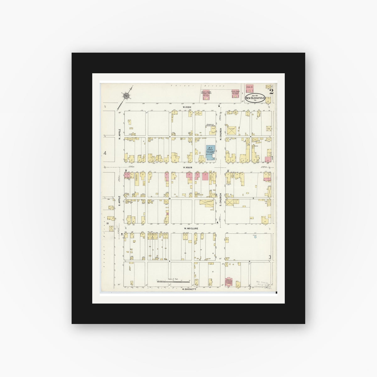 Old map wall art mockup — black gallery frame with white mat — Sanborn Fire Insurance Map from New Bloomfield, Perry County, Pennsylvania (1911), Sheet #0002