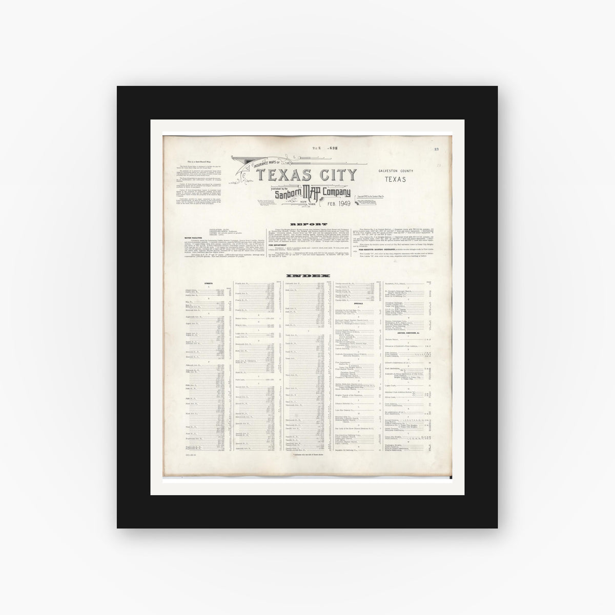 Old map wall art mockup — black gallery frame with white mat — Sanborn Fire Insurance Map from Texas City, Galveston County, Texas (1950), Sheet #0001