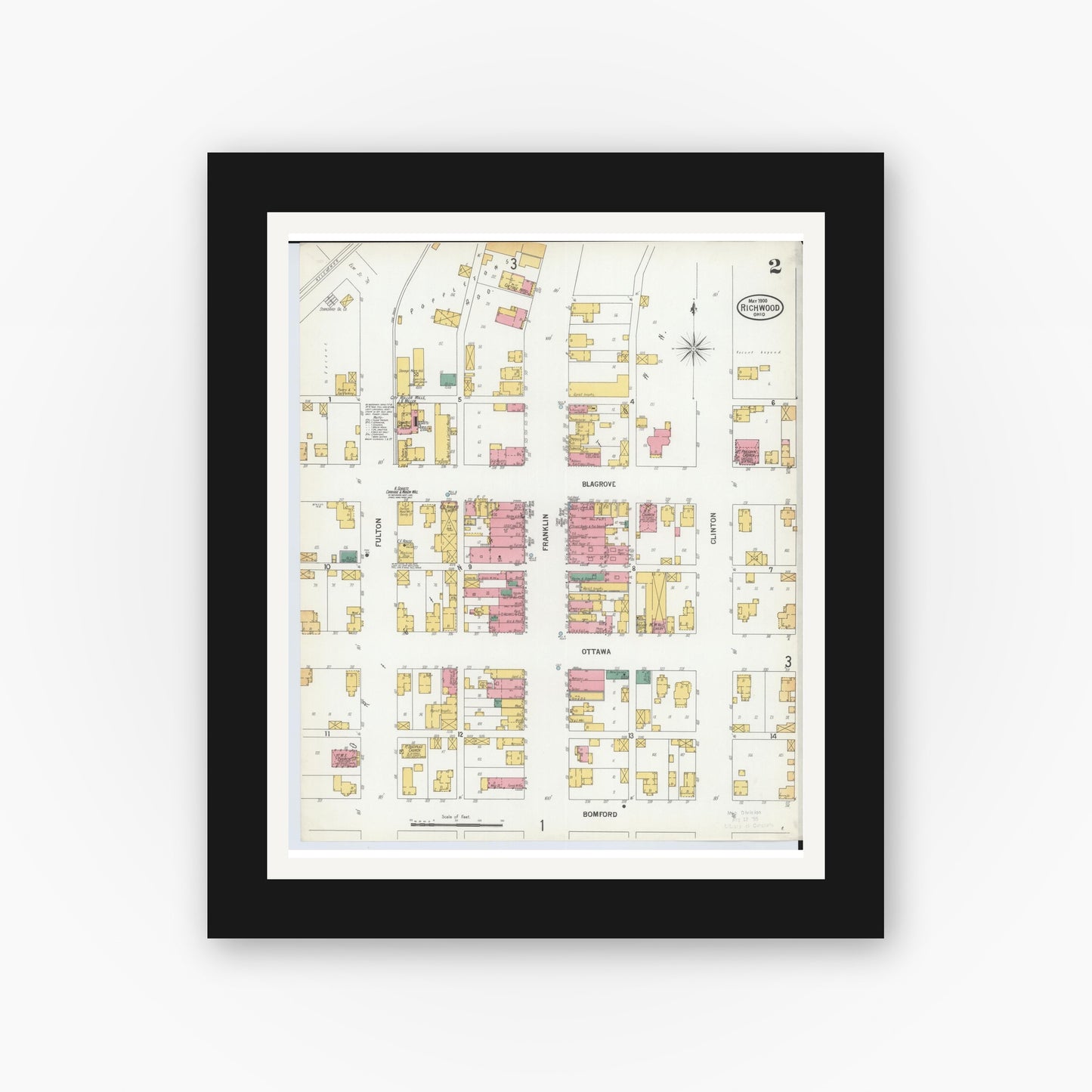 Old map wall art mockup — black gallery frame with white mat — Sanborn Fire Insurance Map from Richwood, Union County, Ohio (1900), Sheet #0002