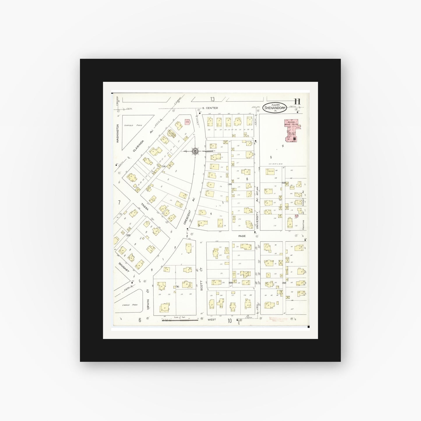 Old map wall art mockup — black gallery frame with white mat — Sanborn Fire Insurance Map from Shenandoah, Page County, Iowa (1914), Sheet #0011