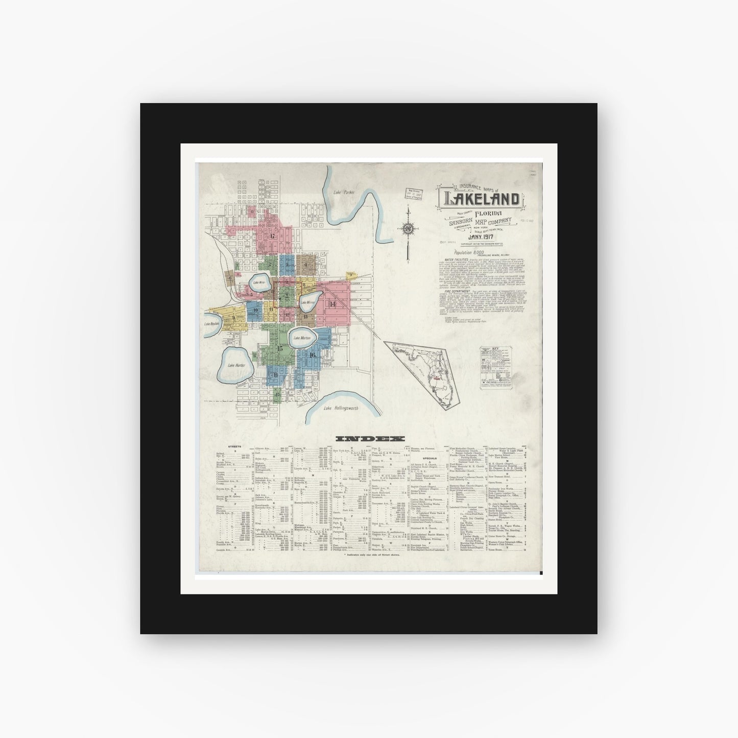 Old map wall art mockup — black gallery frame with white mat — Sanborn Fire Insurance Map from Lakeland, Polk County, Florida (1917) - Complete Map Set
