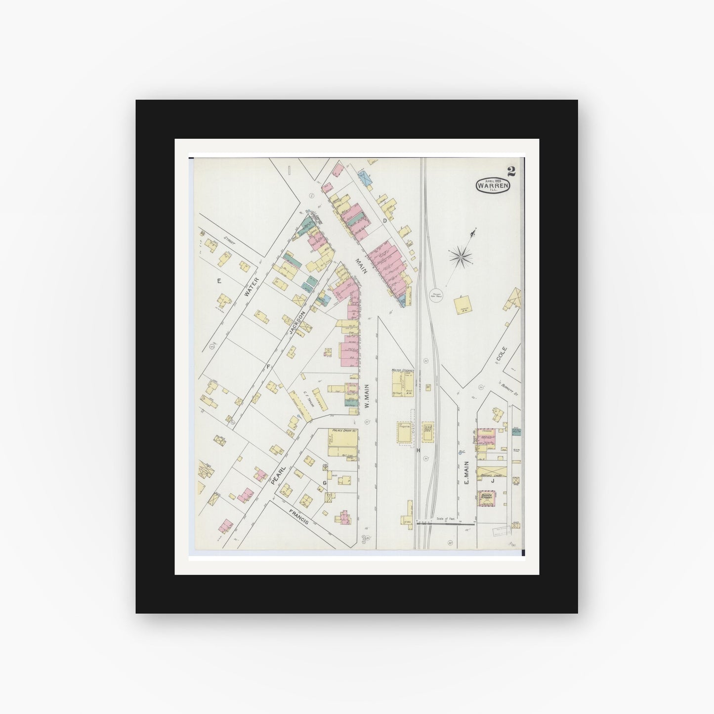 Old map wall art mockup — black gallery frame with white mat — Sanborn Fire Insurance Map from Warren, Jo Daviess County, Illinois (1893), Sheet #0002