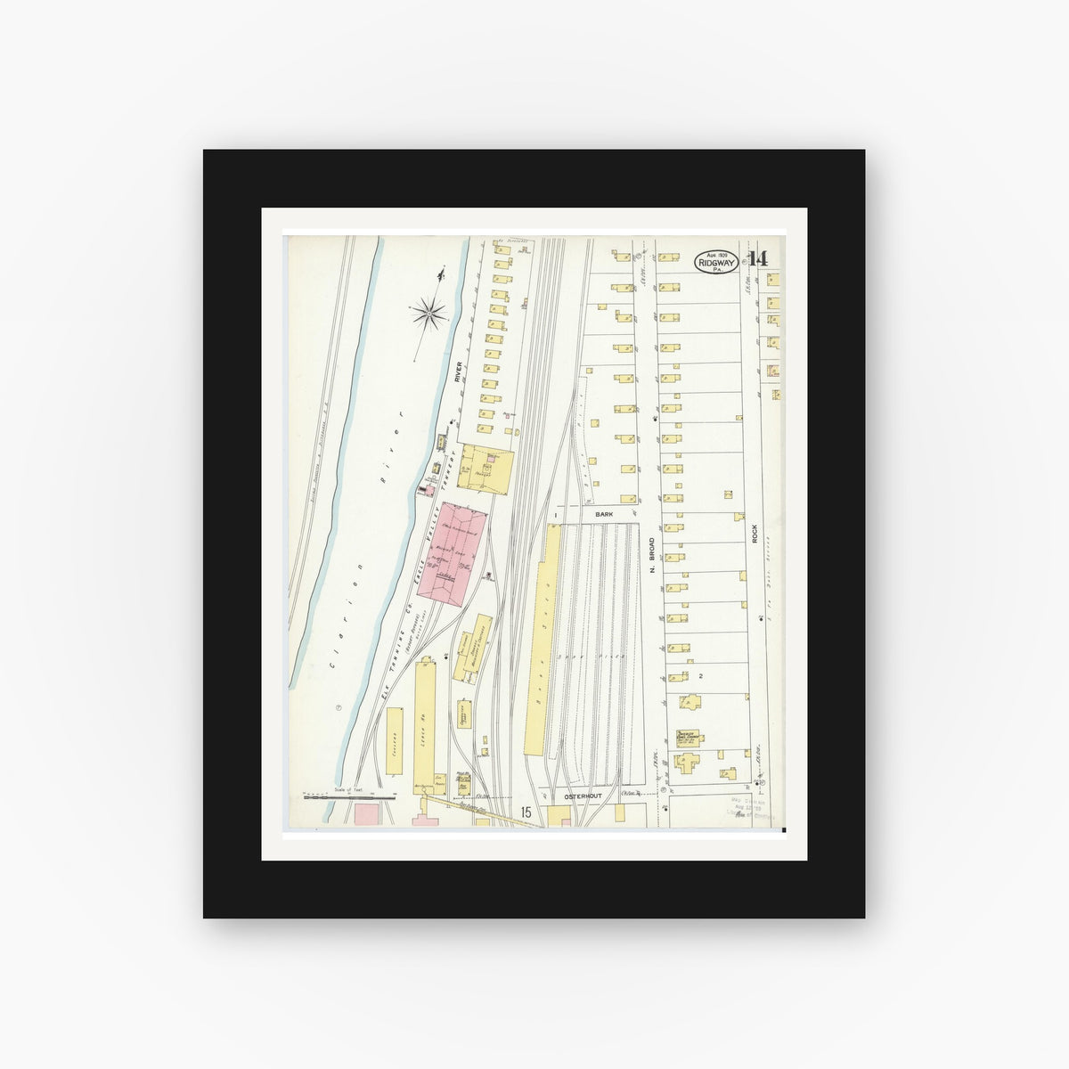 Old map wall art mockup — black gallery frame with white mat — Sanborn Fire Insurance Map from Ridgway, Elk County, Pennsylvania (1909), Sheet #0014