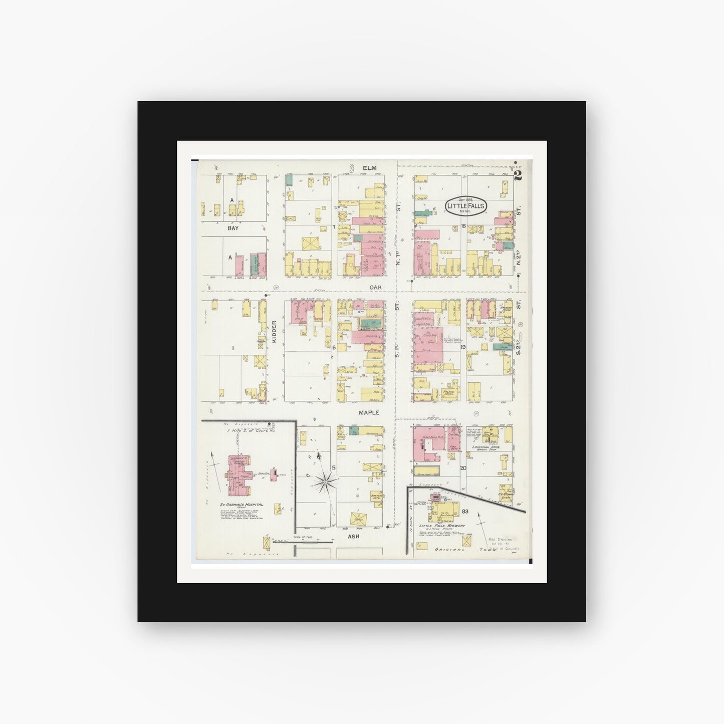 Old map wall art mockup — black gallery frame with white mat — Sanborn Fire Insurance Map from Little Falls, Morrison County, Minnesota (1892), Sheet #0002