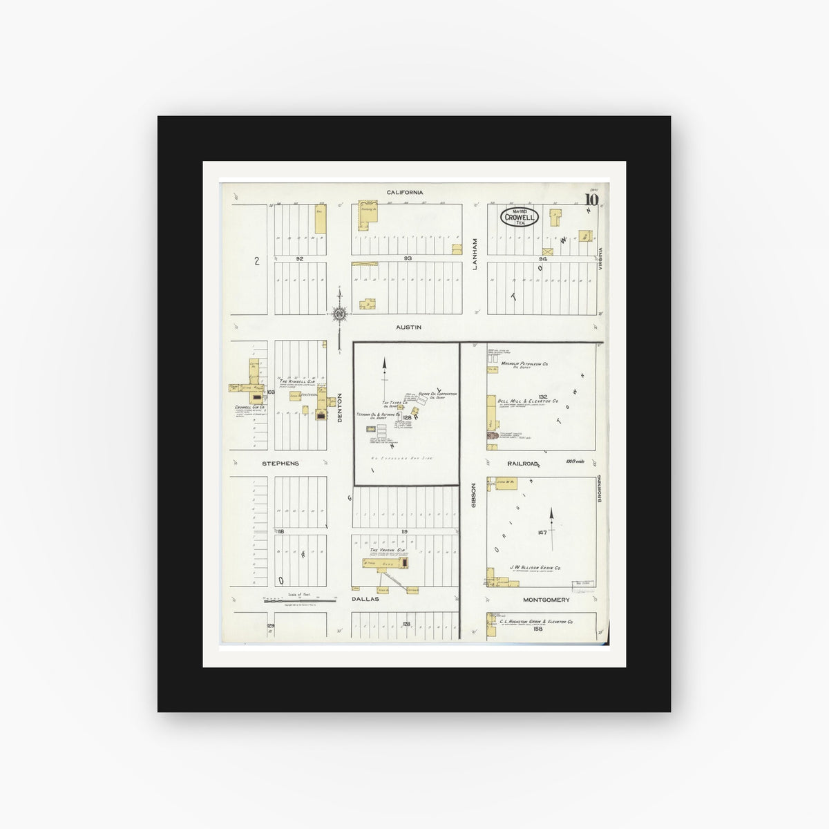 Old map wall art mockup — black gallery frame with white mat — Sanborn Fire Insurance Map from Crowell, Foard County, Texas (1921), Sheet #0010