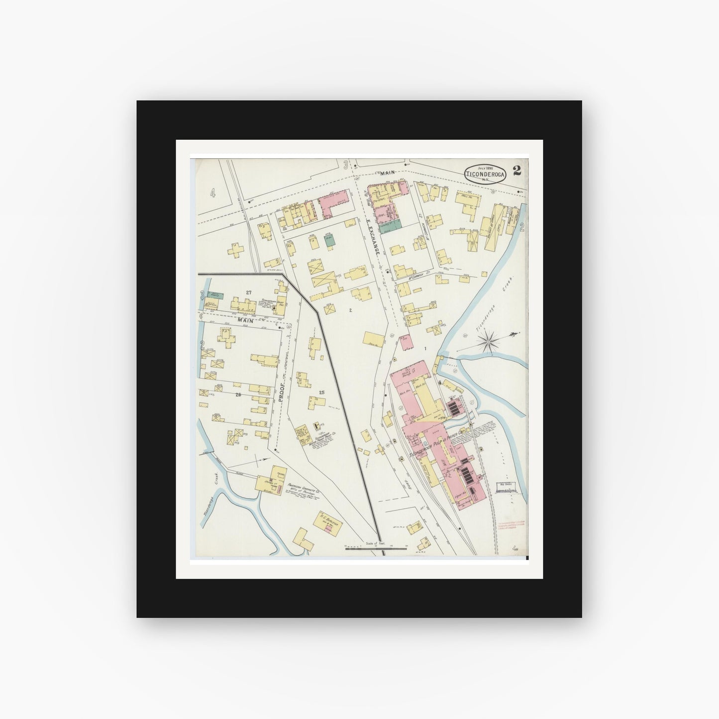 Old map wall art mockup — black gallery frame with white mat — Sanborn Fire Insurance Map from Ticonderoga, Essex County, New York (1895), Sheet #0002