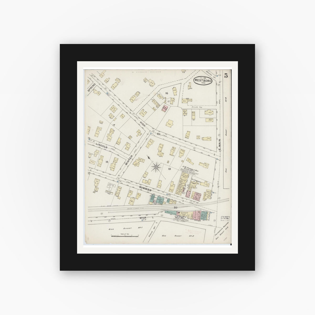 Old map wall art mockup — black gallery frame with white mat — Sanborn Fire Insurance Map from Westboro, Worcester County, Massachusetts (1888), Sheet #0005