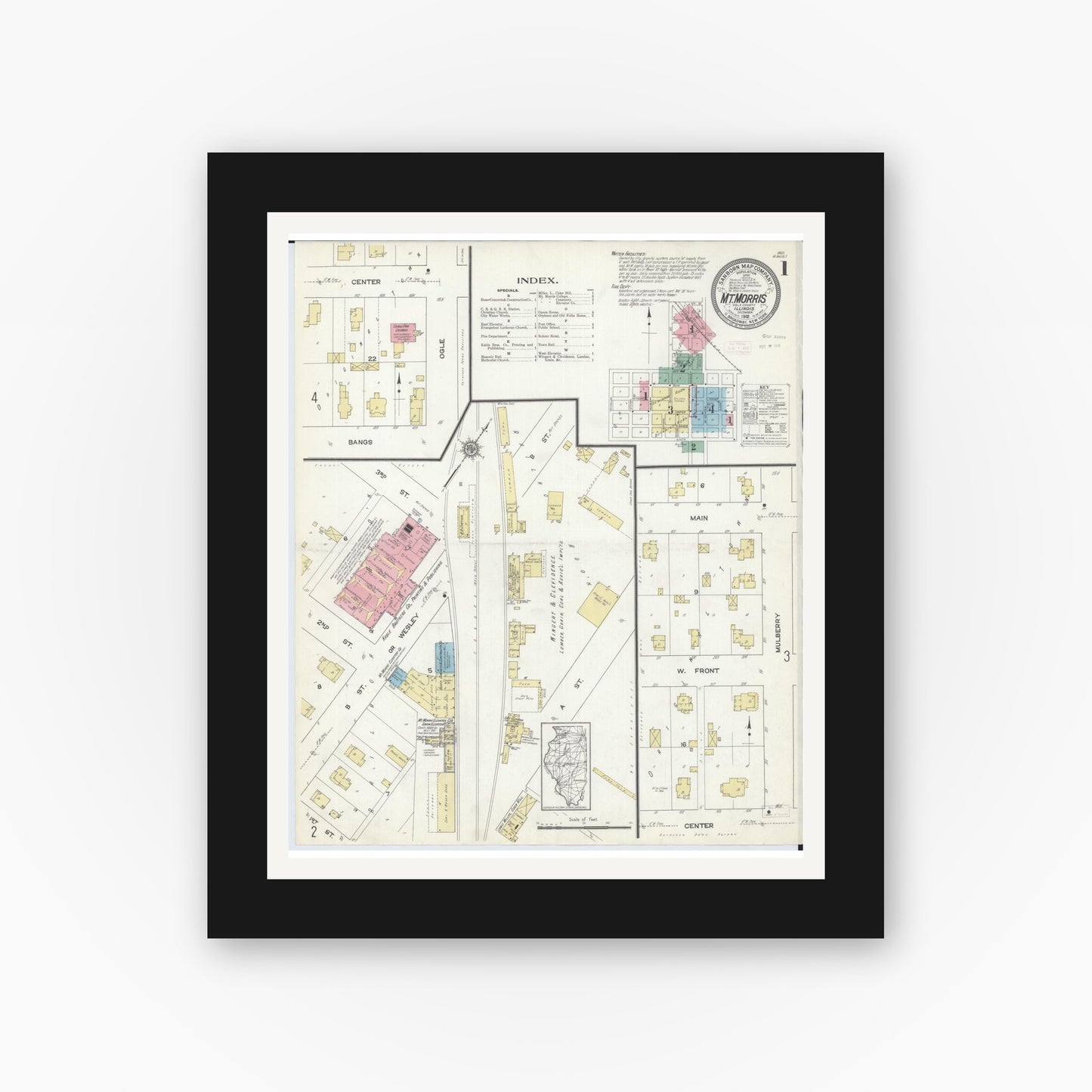 Old map wall art mockup — black gallery frame with white mat — Sanborn Fire Insurance Map from Mount Morris, Ogle County, Illinois (1912), Sheet #0001