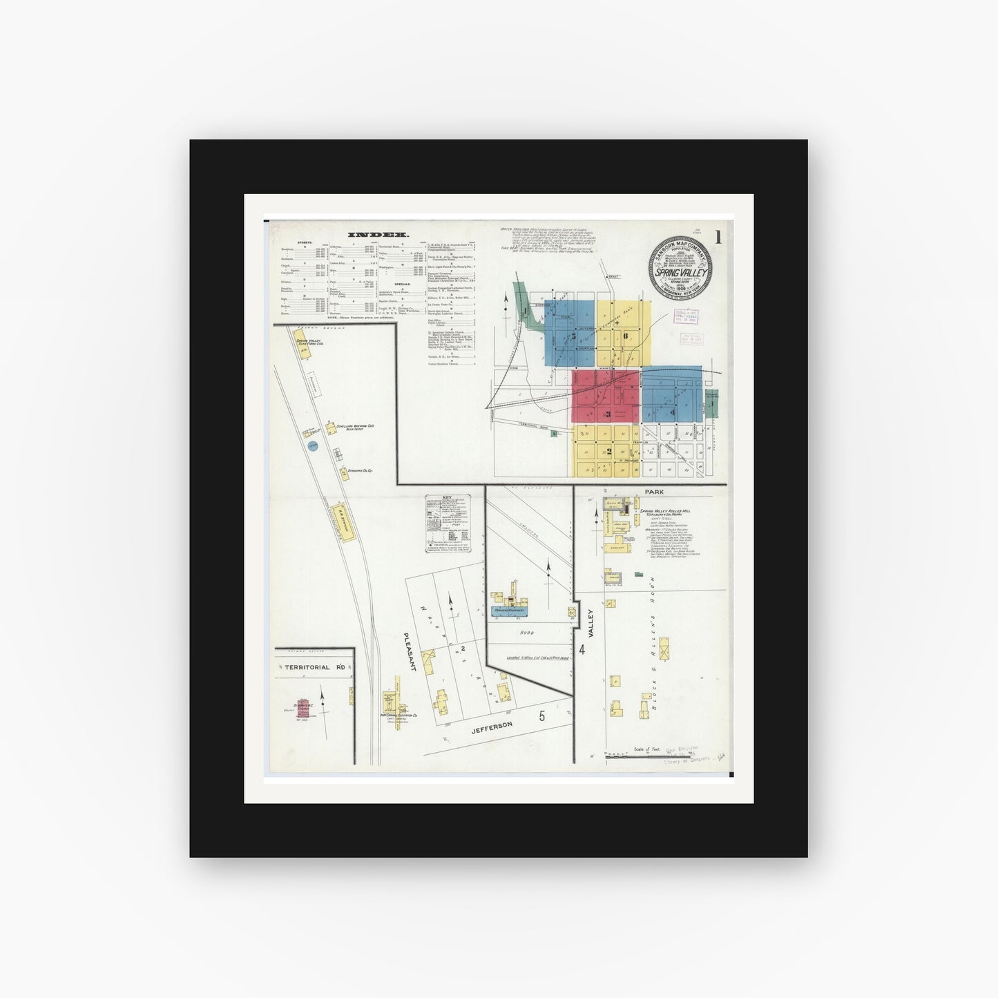 Old map wall art mockup — black gallery frame with white mat — Sanborn Fire Insurance Map from Spring Valley, Fillmore County, Minnesota (1909) - Complete Map Set