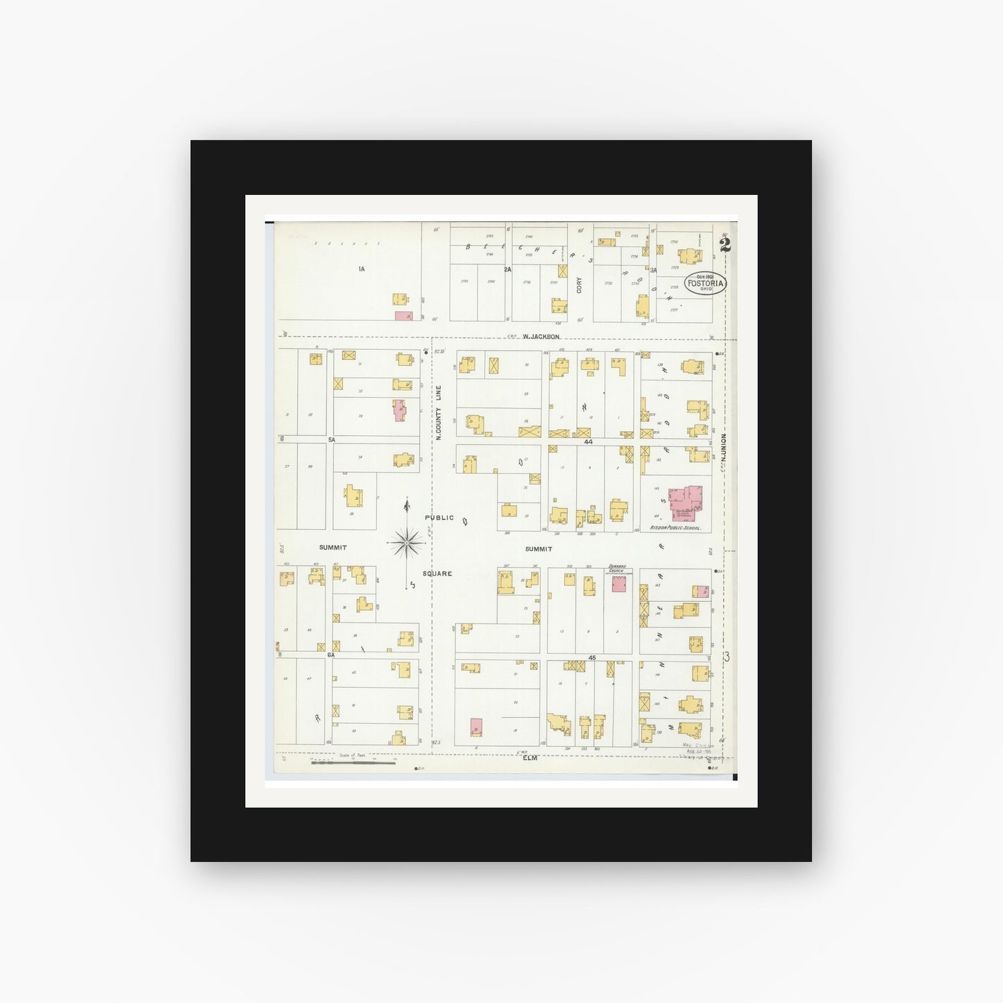 Old map wall art mockup — black gallery frame with white mat — Sanborn Fire Insurance Map from Fostoria, Seneca, Hancock, And Wood Counties, Ohio (1901), Sheet #0002