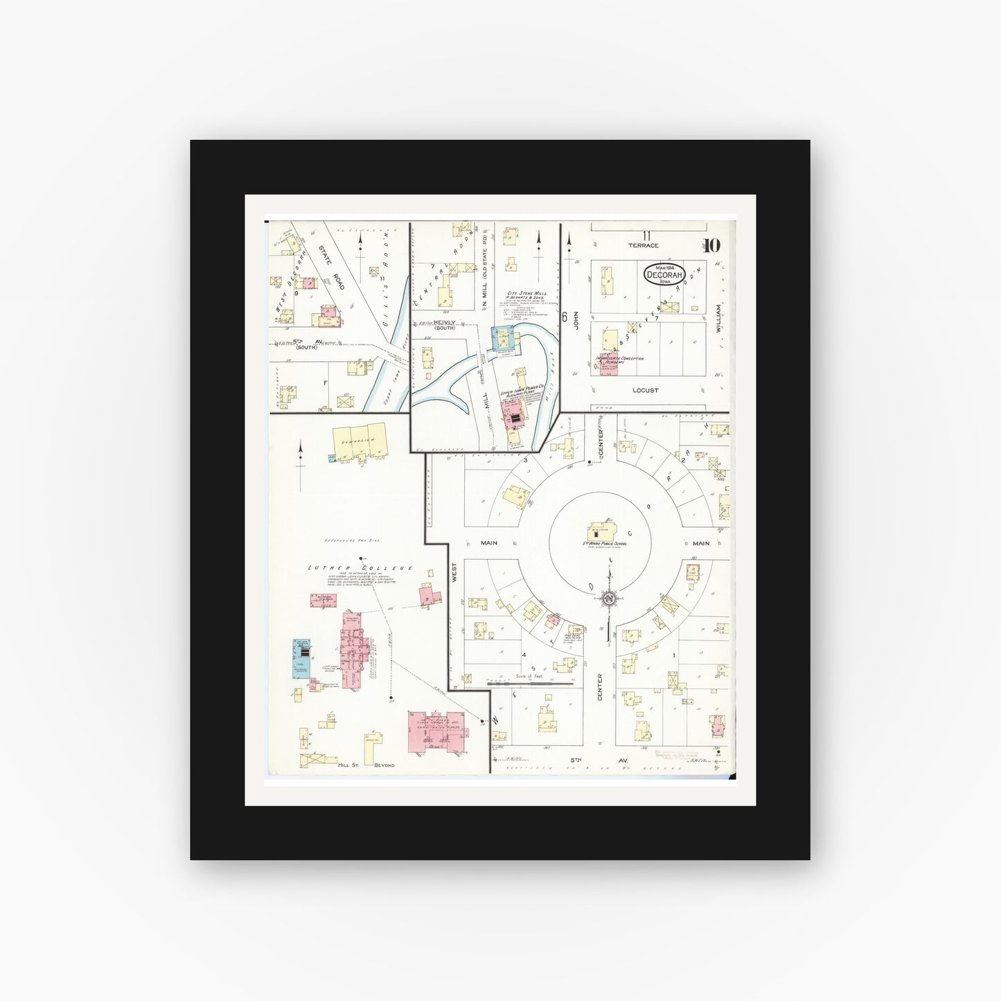 Old map wall art mockup — black gallery frame with white mat — Sanborn Fire Insurance Map from Decorah, Winneshiek County, Iowa (1914), Sheet #0010