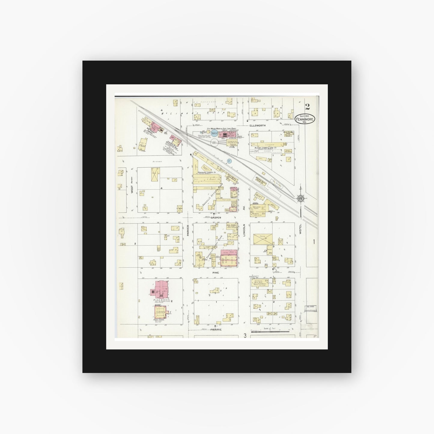 Old map wall art mockup — black gallery frame with white mat — Sanborn Fire Insurance Map from Fennimore, Grant County, Wisconsin (1912), Sheet #0002