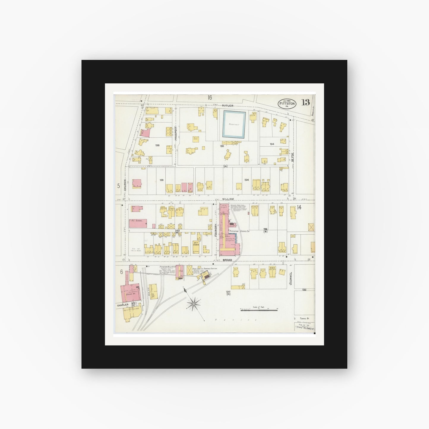 Old map wall art mockup — black gallery frame with white mat — Sanborn Fire Insurance Map from Pittston, Luzerne County, Pennsylvania (1903), Sheet #0013