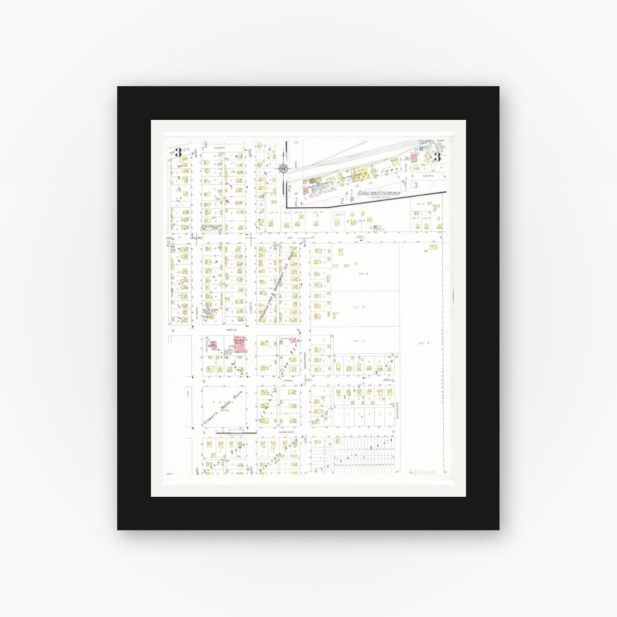 Old map wall art mockup — black gallery frame with white mat — Sanborn Fire Insurance Map from Holstein, Ida County, Iowa (1933), Sheet #0003